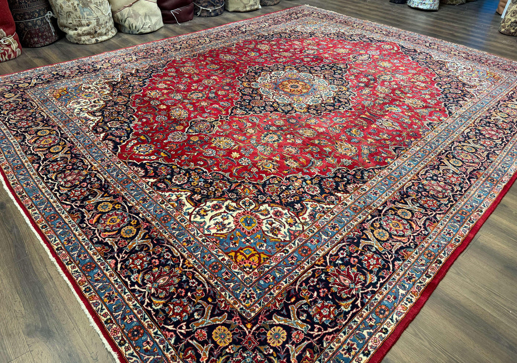 Large Persian Kashan Rug 11x14, Traditional Persian Carpet, Wool, Fine 250 KPSI, Red Navy Blue