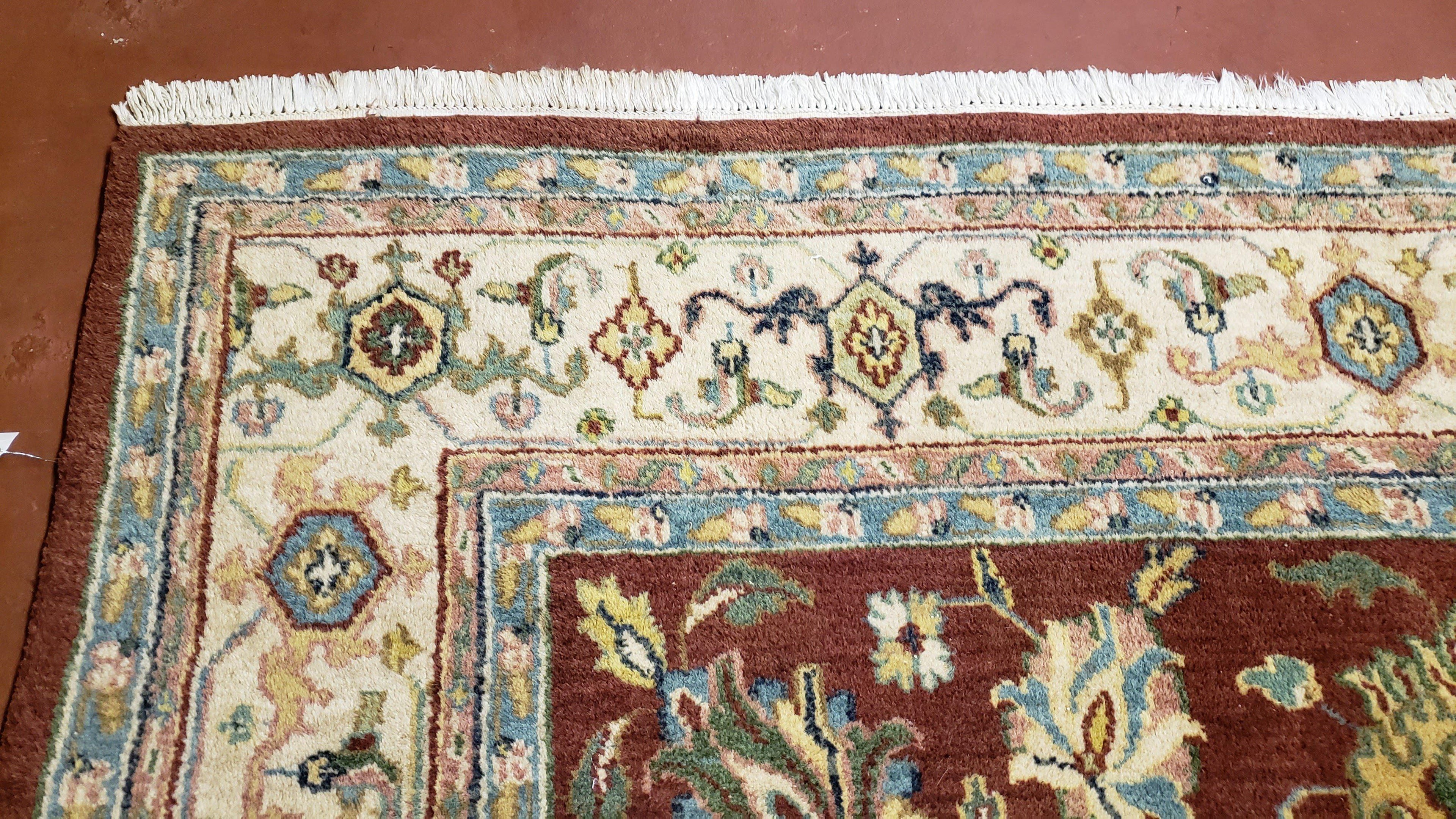 8x12 Indo-Mahal Rug, Floral Allover, Red & Beige, Wool Vintage Handmade Traditional Carpet
