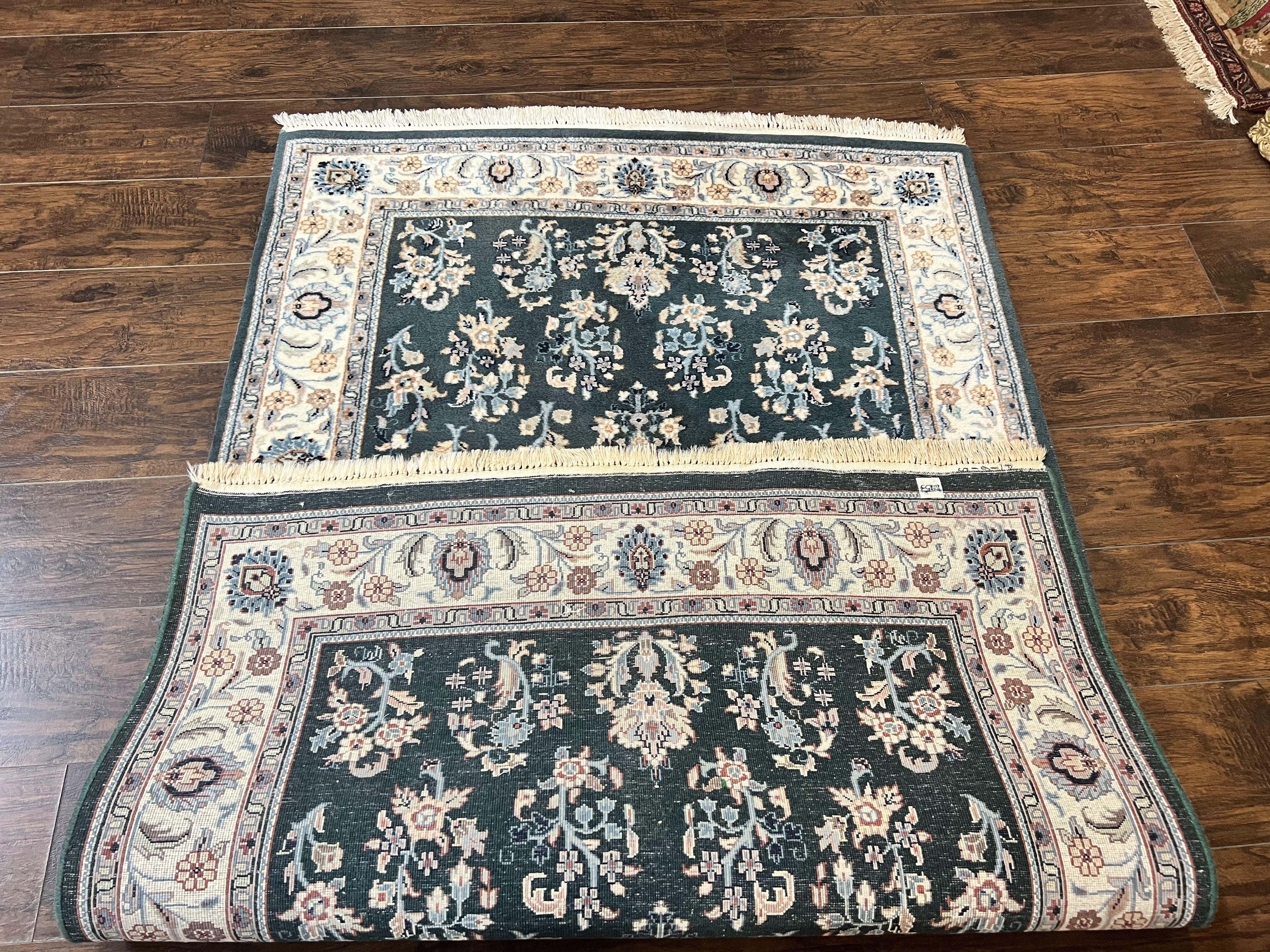 Green Indo Persian Rug 4x6, Floral Allover, Handmade Vintage Oriental Carpet, Sarouk Rug, Wool