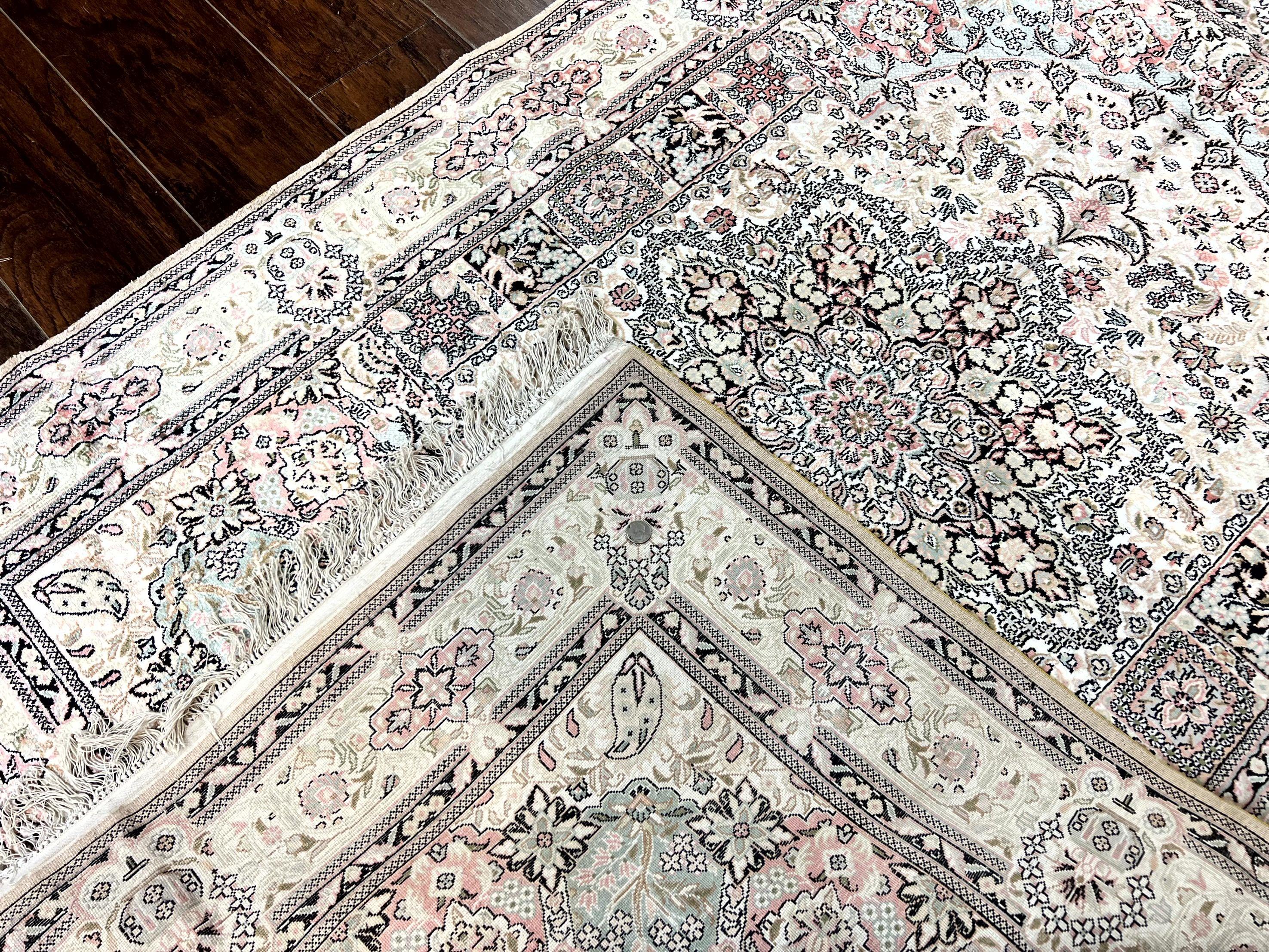 Silk Indian Kashmiri Rug 4x6, Handmade, Ivory, Fine 240 KPSI