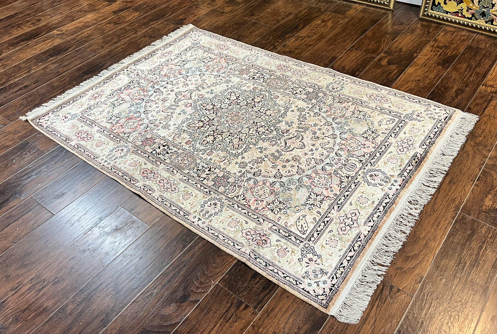 Silk Indian Kashmiri Rug 4x6, Handmade, Ivory, Fine 240 KPSI