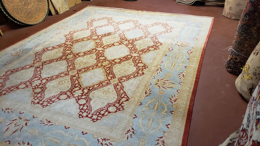 9x12 Peshawar Rug Pakistani Oriental Carpet Sky Blue and Red Wool Vintage Master Bedroom Rug Hand-Knotted Living Room Rug Dining Room Rug