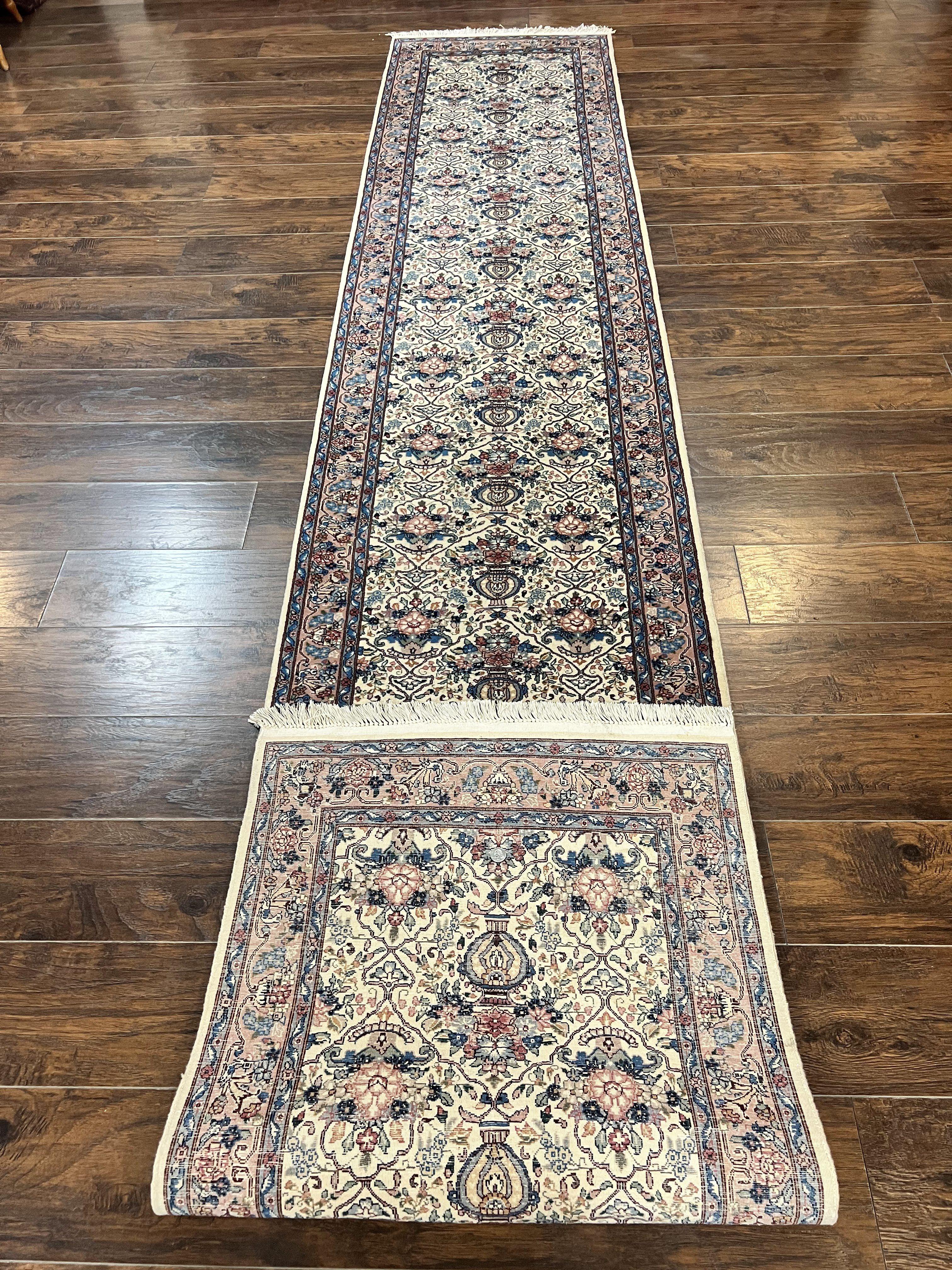Sino Persian Runner Rug 2.8 x 14, Hand Knotted Vintage Oriental Hallway Rug, 14ft Runner, Cream, Floral, Wool
