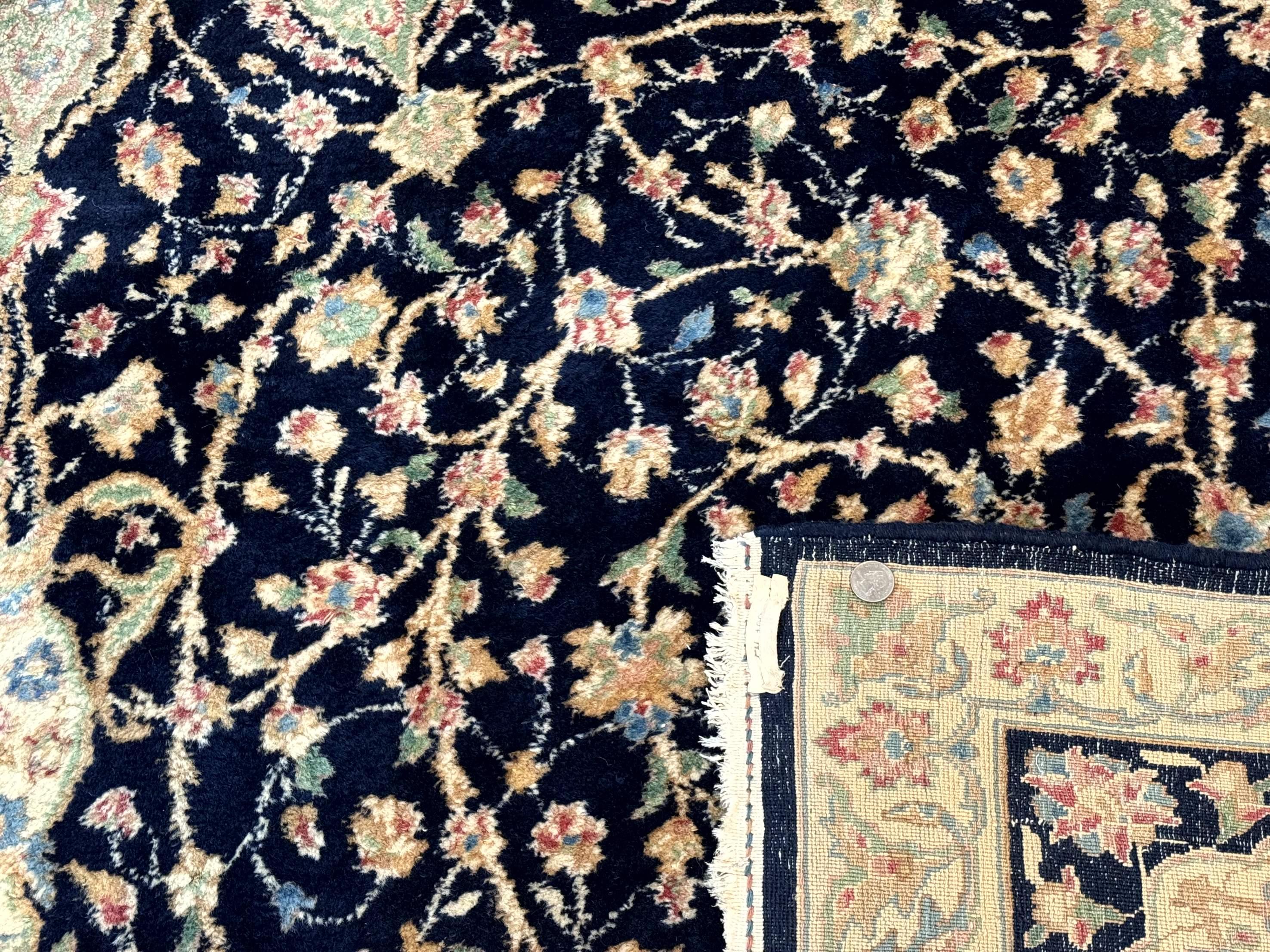 Large Persian Kerman Rug 10x14, Navy Blue and Beige, Floral Medallion, Traditional Elegant Persian Carpet, Signed by Masterweaver