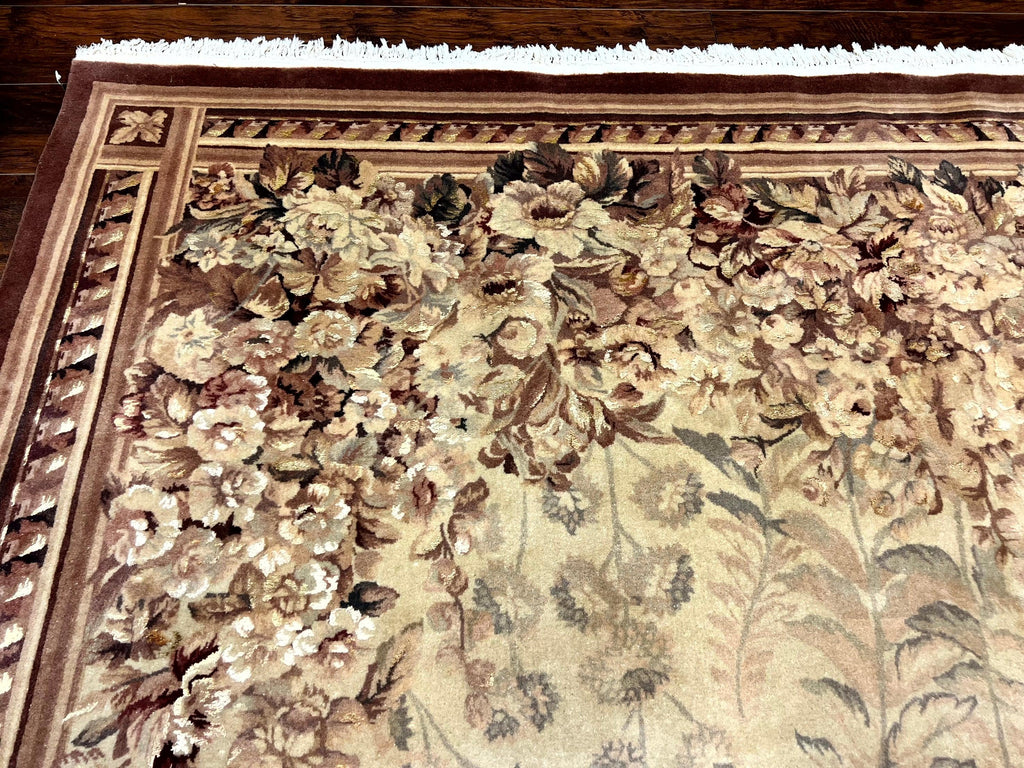 Aubusson Wool Rug 9x11, Wool with Silk Highlights, European Design, Vintage, Handmade, Floral, Fine 210 KPSI
