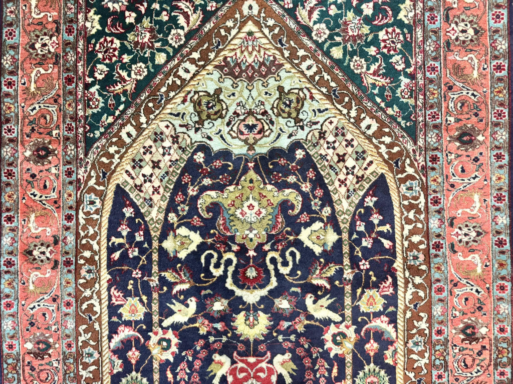 Persian Tabriz Rug 3x4, Navy Blue, Birds, Floral, Prayer Rug, Handmade Wool Rug, Finely Hand Knotted 325 KPSI