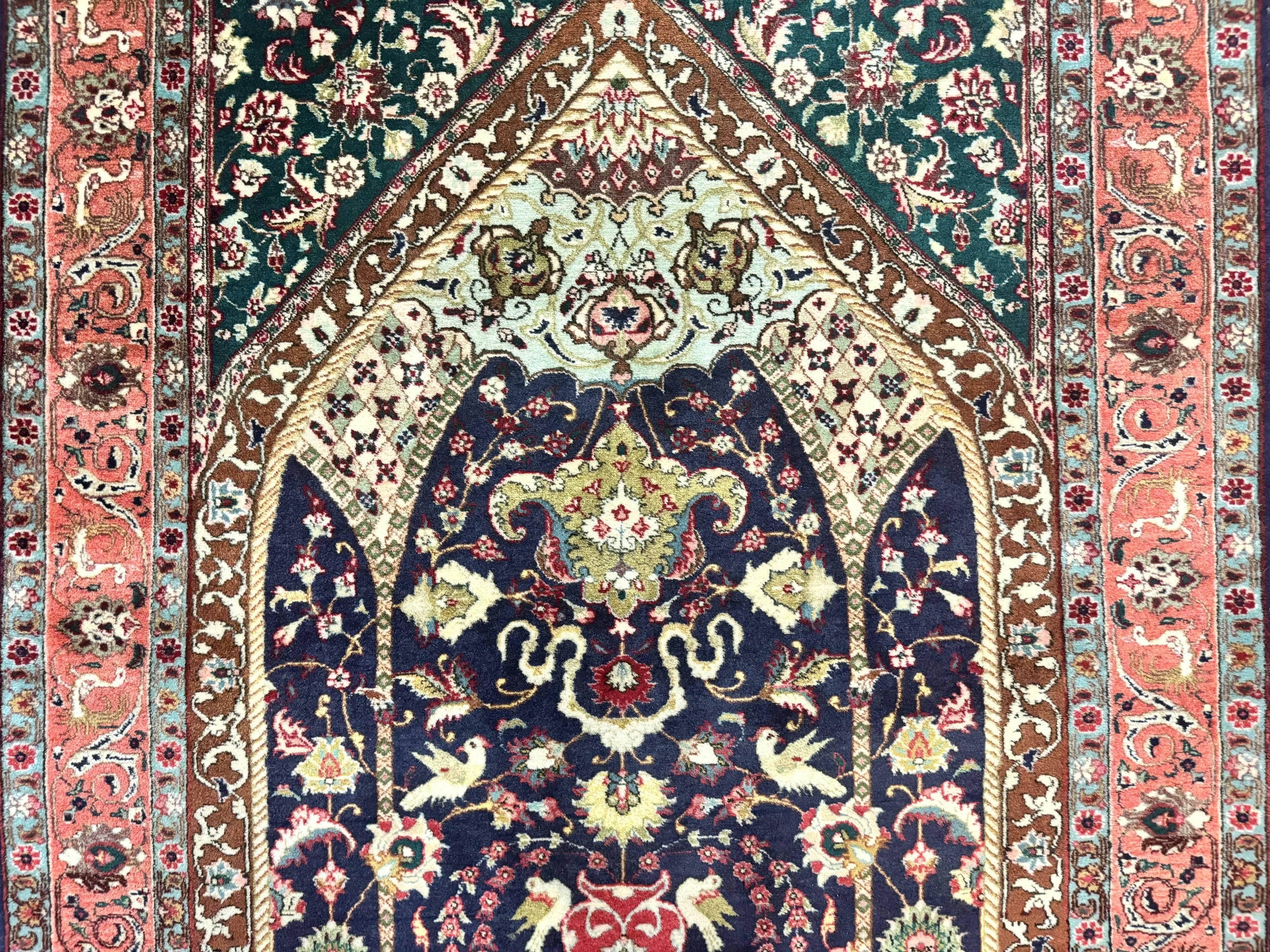 Persian Tabriz Rug 3x4, Navy Blue, Birds, Floral, Prayer Rug, Handmade Wool Rug, Finely Hand Knotted 325 KPSI