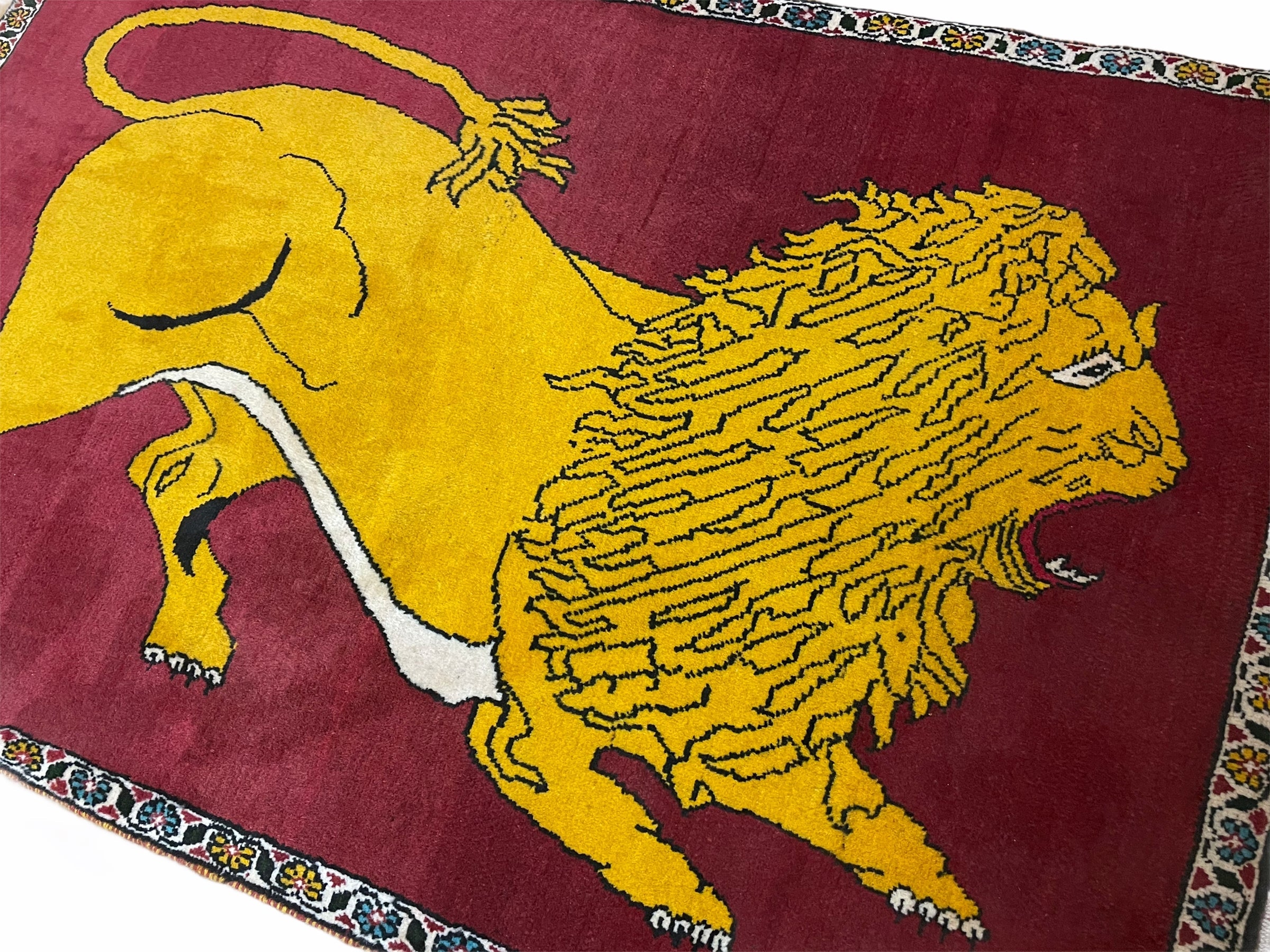 Persian Gabbeh Rug 3x4, Lion Pictorial, Red