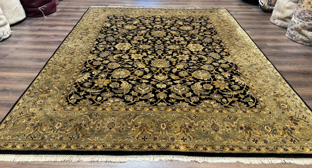Indo Persian Rug 8x10, Black and Green, Wool, Handmade, Traditional, Floral Allover, Vintage