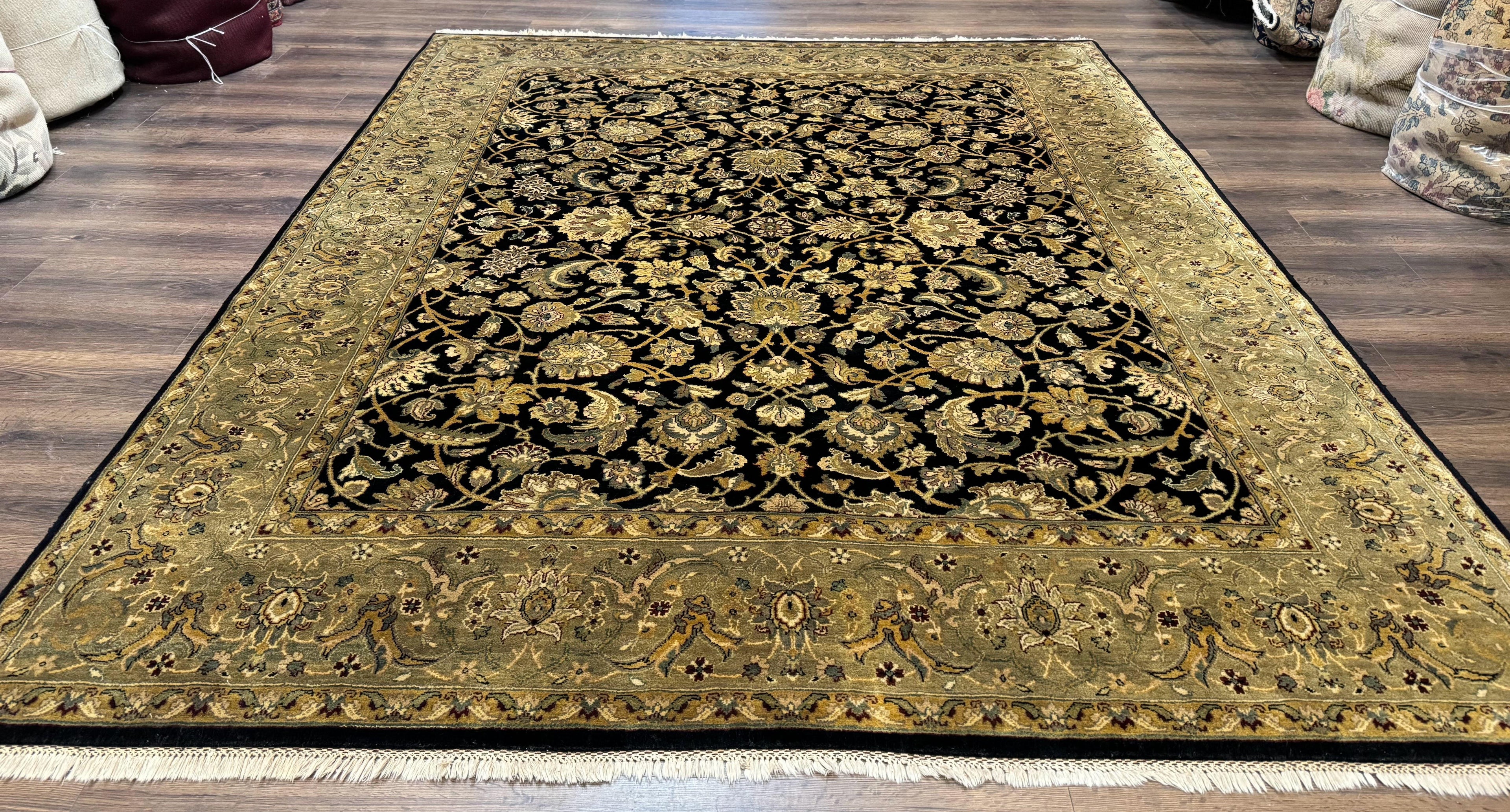 Indo Persian Rug 8x10, Black and Green, Wool, Handmade, Traditional, Floral Allover, Vintage