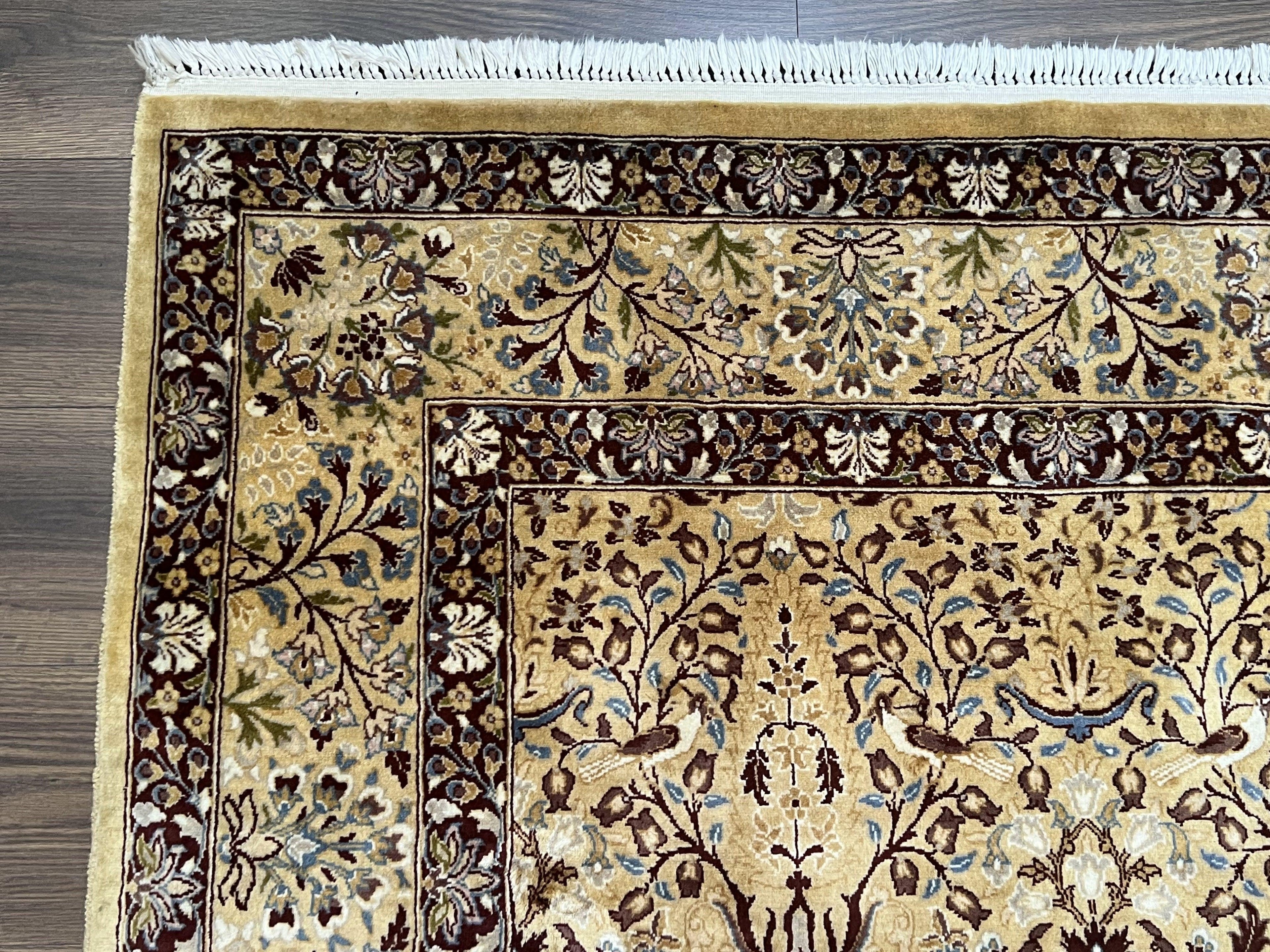 Pretty Indo Persian Rug 6x9, Allover Floral Motif with Birds, Tan/Cream, Very Fine Oriental Carpet, Hand Knotted Vintage Indian Wool Rug