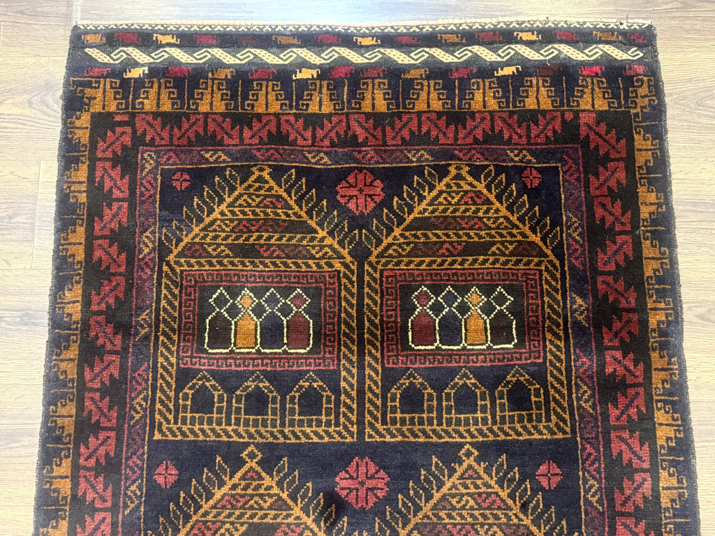Afghan Rug 3x7, Navy Blue, Tribal Rug, Balouch Carpet, New