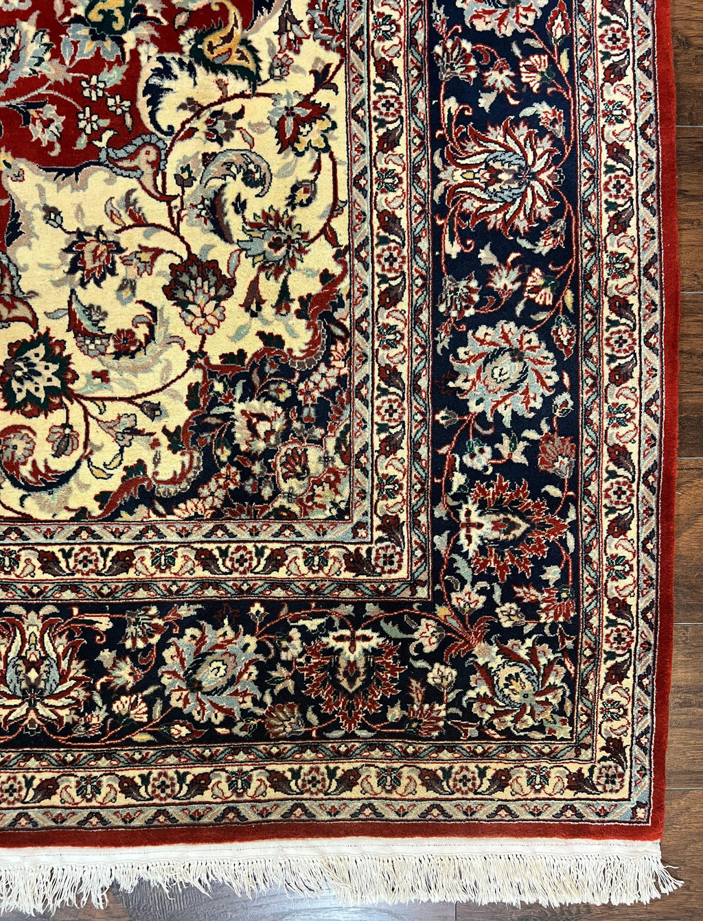 Fine Sino Persian Rug 7x10 ft, Floral Central Medallion Oriental Carpet, Red Navy Blue Cream, Hand Knotted Wool Traditional Vintage Rug