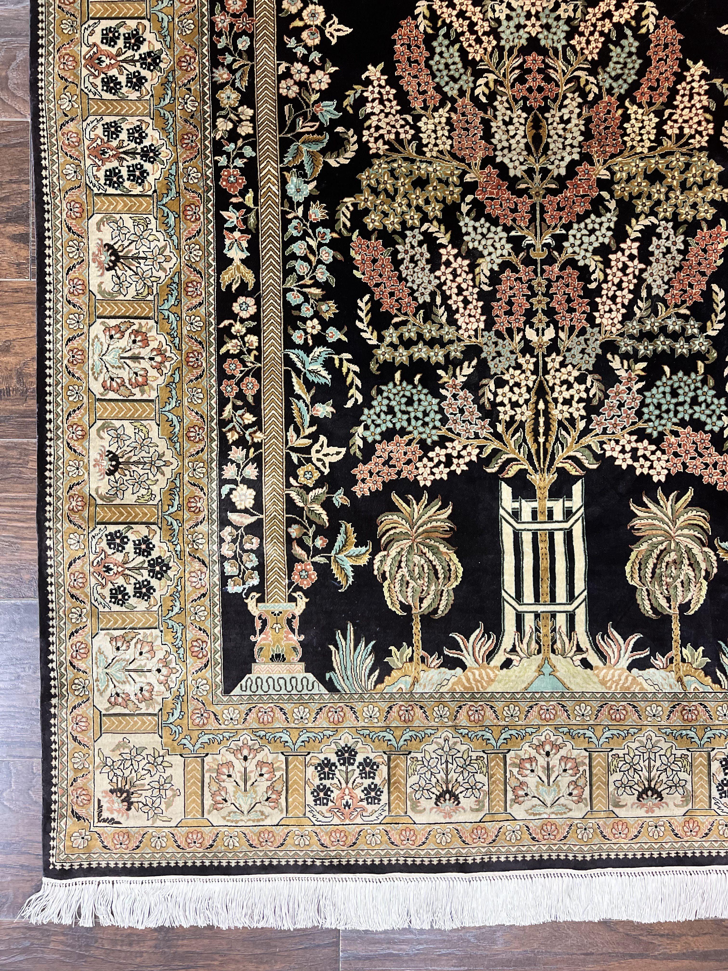 Wonderful Sino Persian Silk Rug 4x6, Tree of LIfe Design, Masterpiece 575 KPSI, Birds, Prayer Rug, Black, Silk on Silk