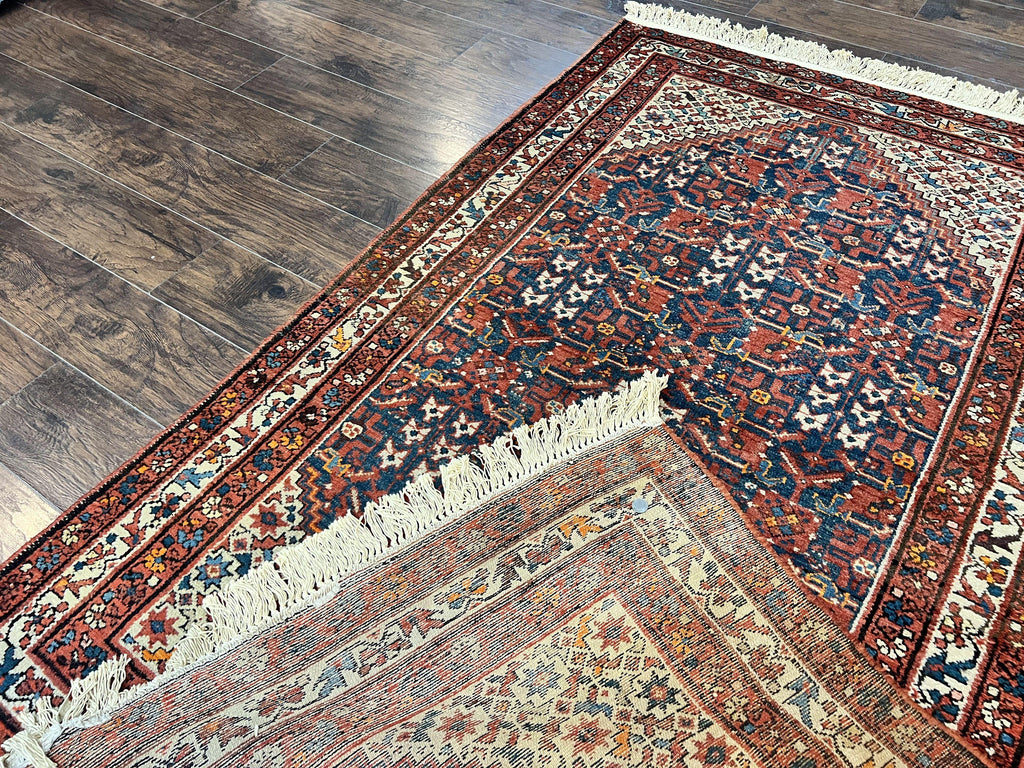 Persian Malayer Rug 4x7, Tribal Rug, Geometric, Antique Oriental Carpet, Red Blue Cream, Boho Rug, Hand Knotted Wool Rug