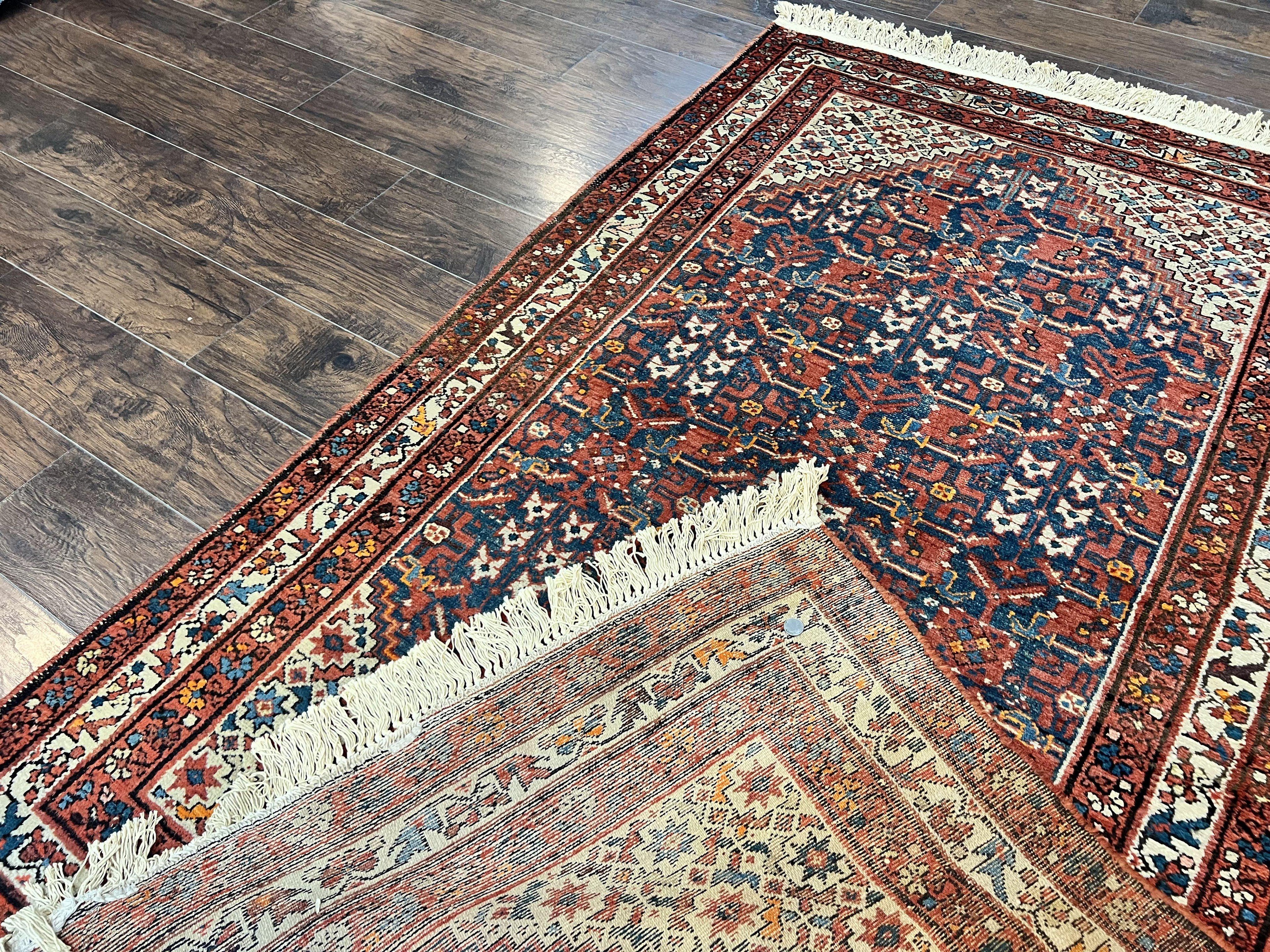 Persian Malayer Rug 4x7, Tribal Rug, Geometric, Antique Oriental Carpet, Red Blue Cream, Boho Rug, Hand Knotted Wool Rug