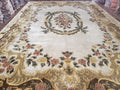 Aubusson Rug 10x14, Elegant French European Design, Vintage Handmade Carpet with Pile, Beige Floral Dining Room Rug, Living Room, Soft Wool