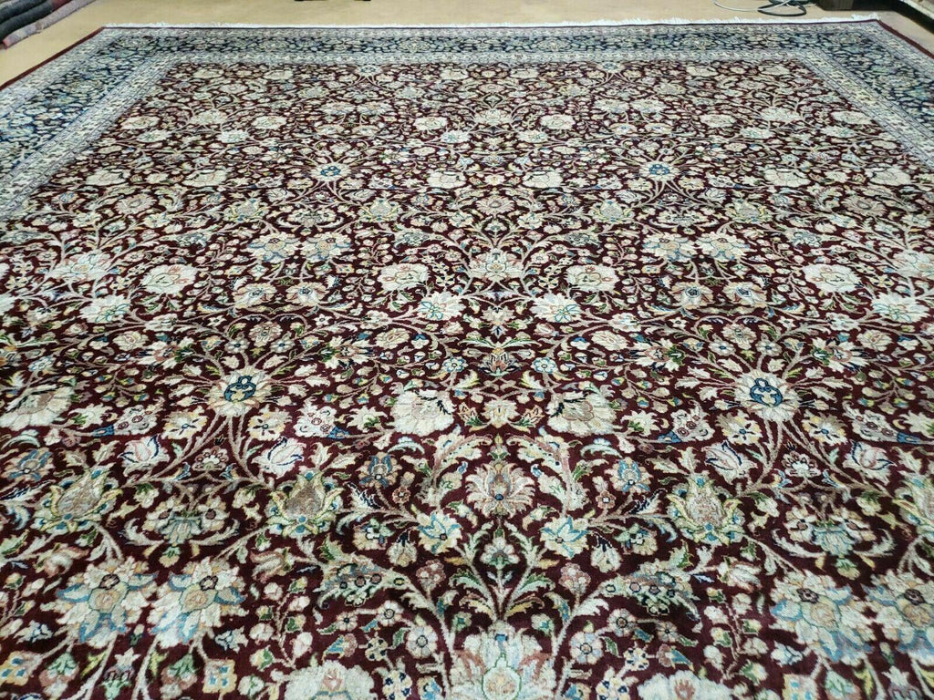 Persian Rug 9x12, Floral Allover, Very Fine, Handmade, Room Sized Oriental Carpet, Sino Persian, Maroon and Navy Blue