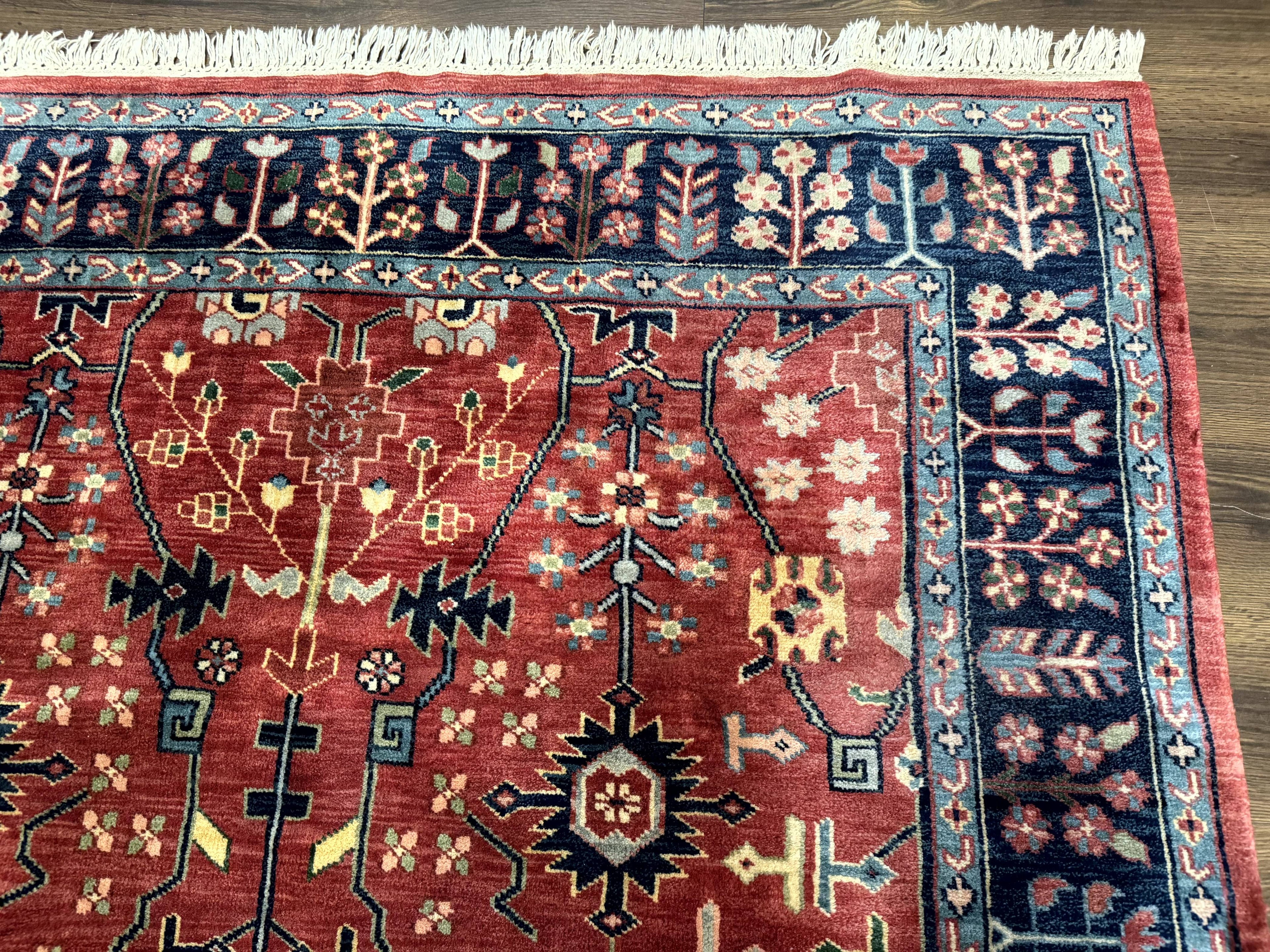 Indo Persian Heriz Serapi Rug 6x8, Rust Red and Navy Blue, Allover Pattern