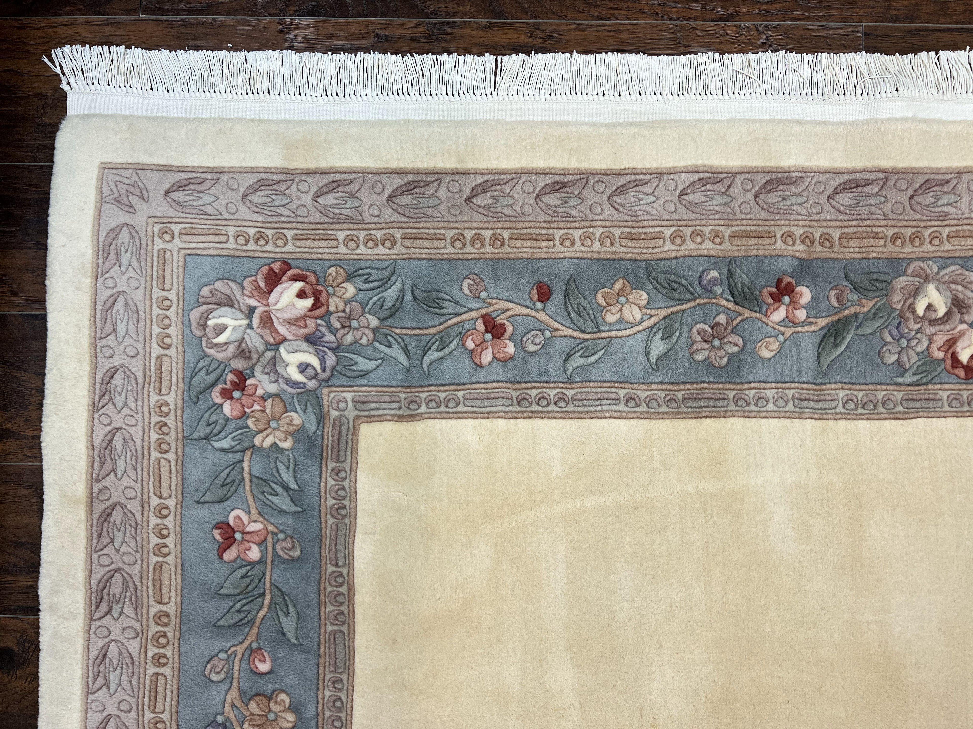 Chinese Carving Rug 8x10, Chinese Wool Carpet 8 x 10, Cream, 120 Line Rug, Vintage Handmade Art Deco Asian Oriental Rug, Aubusson Rug