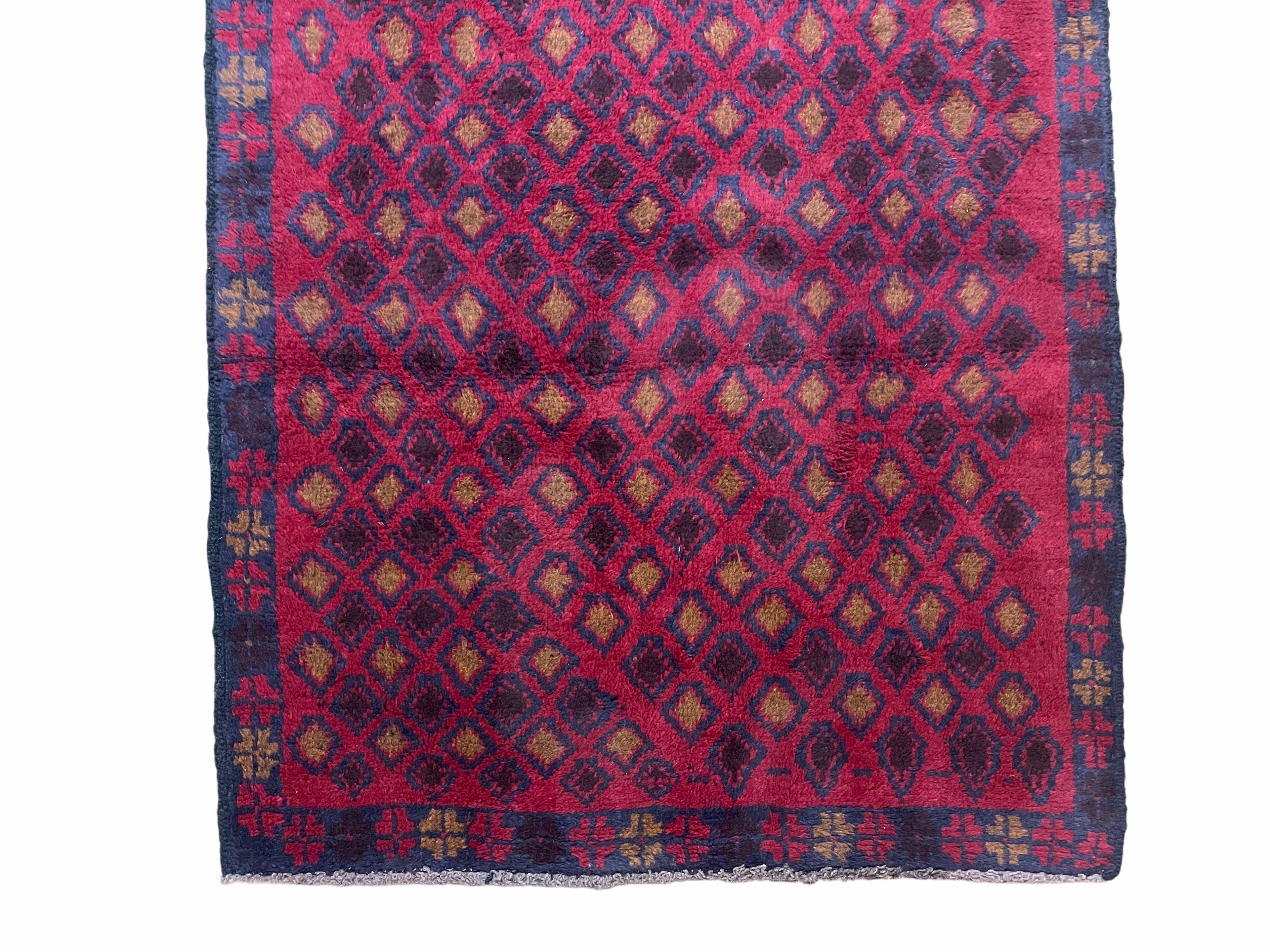 3x5 New Vintage Handmade Tribal Wool Rug Balouch Rug Afghan Rug Red Blue Diamond