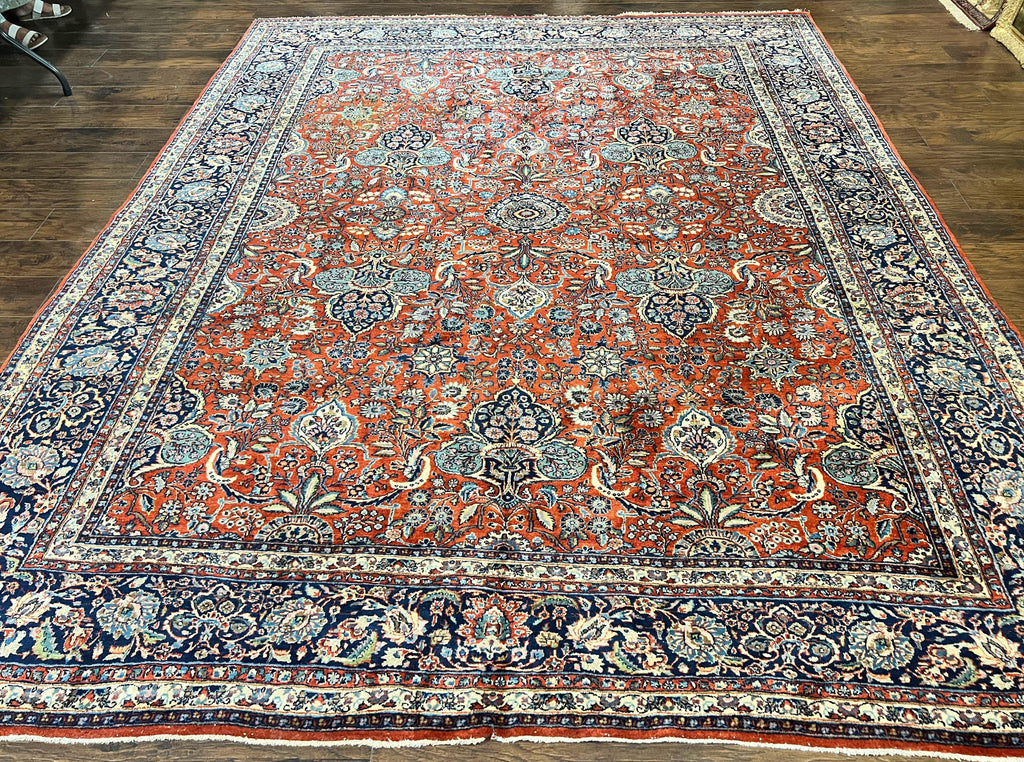 Persian Sarouk Rug 9x12, Red and Dark Blue Floral Allover Antique Persian Carpet, Handmade Wool Qazvin Rug