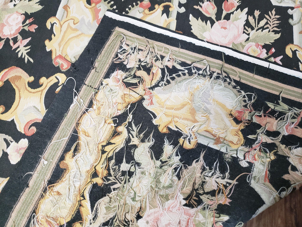 Vintage Black Aubusson Area Rug 8x10, Large Flowers Chinese Aubusson Carpet 7.9 x 10, Wool Hand-Knotted Floral Pattern Flat Weave Rug Nice