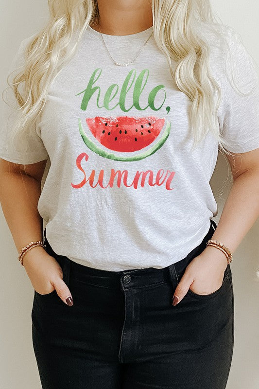 Hello Summer Watercolor Watermelon Graphic Tee T-Shirt