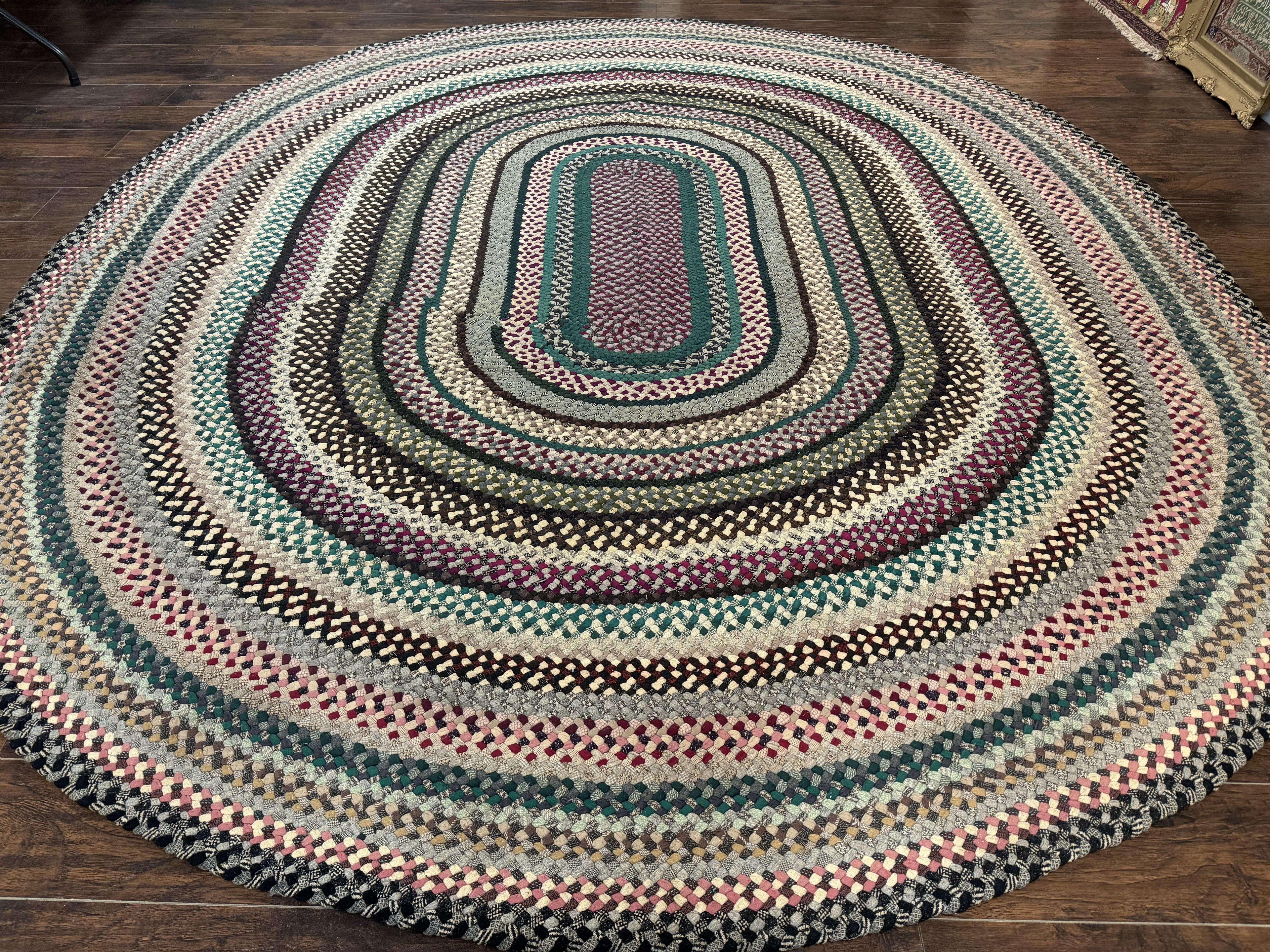 Large Oval American Braided Rug 10x12, Multicolor Vintage Braided Carpet