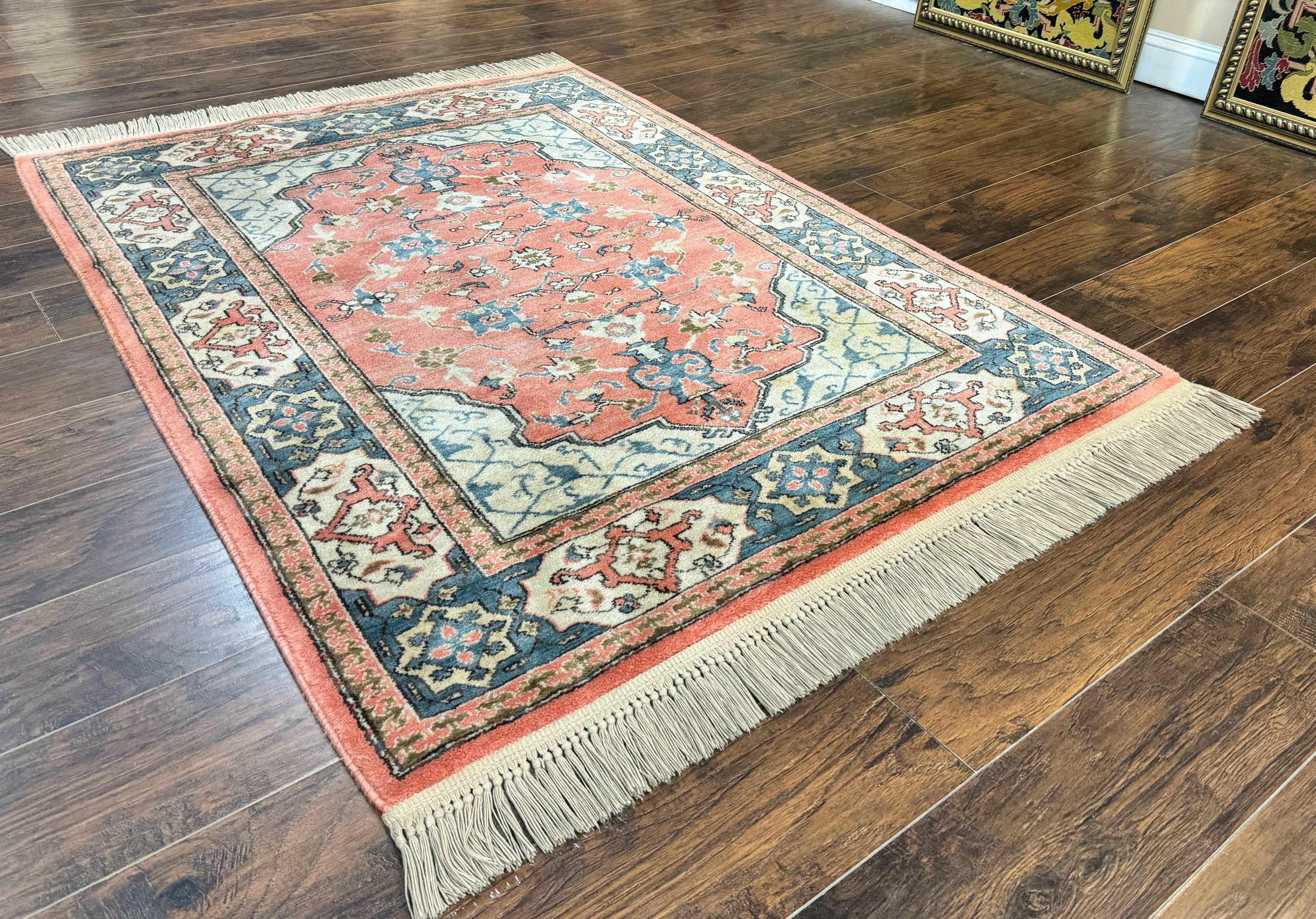 Karastan Rug 4x6 Bergama Design #737, Karastan Area Rug, Vintage Wool Karastan Carpet, Original Collection 700 Series, Salmon Red Light Blue