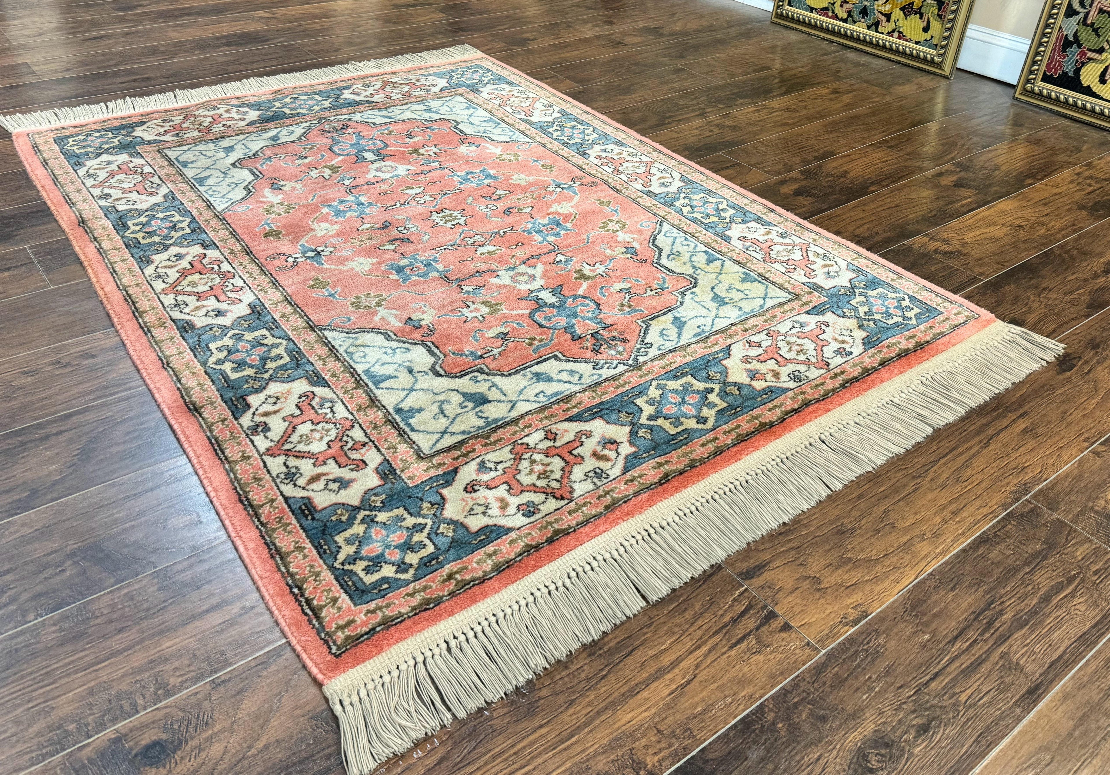 Karastan Rug 4x6 Bergama Design #737, Karastan Area Rug, Vintage Wool Karastan Carpet, Original Collection 700 Series, Salmon Red Light Blue