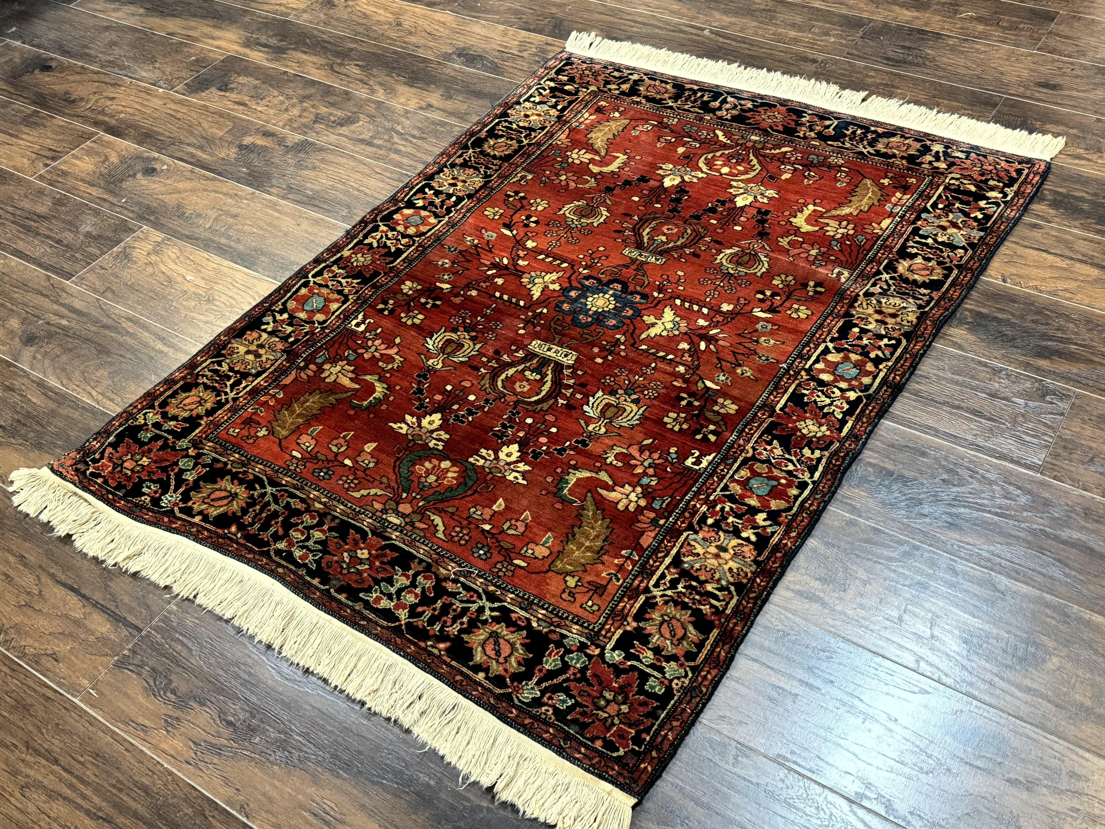 Antique Persian Farahan Sarouk Rug 3.6 x 5, Red, Floral, Traditional Rug, Fine 210 KPSI
