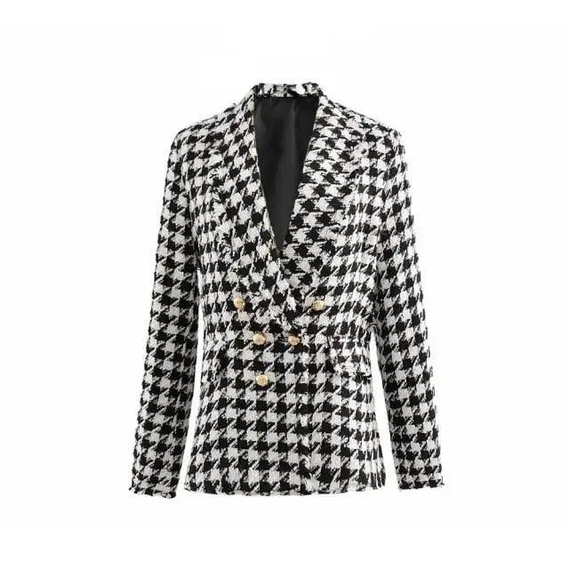 Elegance Women Tweed Jackets Fashionable Office Ladies Black Tassel Houndstooth Coats Female Autumn Vintage Thick Plaid Coat Girls Chic