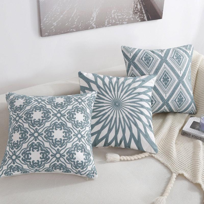 Embroidered Geometric Pillow Cover 100% Cotton Woolen Cushion Cover Modern Nordic Style Pink Blue Pillow Cover For Home Decor Embroidery Cushion Cover Decorative Throw Pillow Cover Geometric Invisible Pillow Cover for Living Room 45X45CM