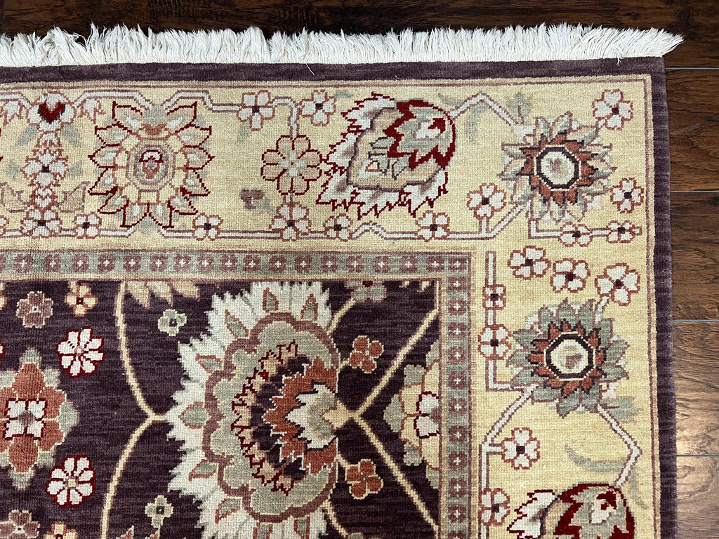 Vintage Indo Mahal Area Rug 6x9, Indian Persian Oriental Carpet 6 x 9, Puce Eggplant Tan Beige Rug, Hand-Knotted, Large Floral Design Wool