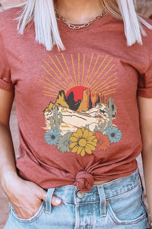 Desert Sunset Arches Floral Cacti Boho Graphic Tee T-Shirt