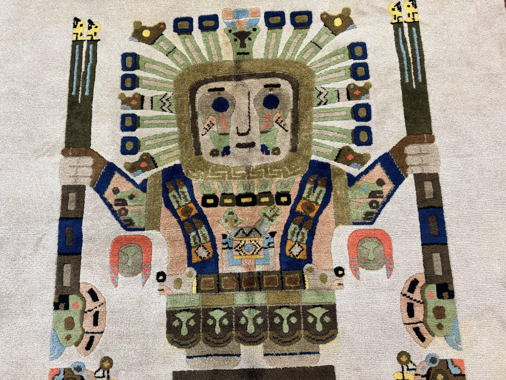 South American Rug 6x7, Unique Native American Design, Ivory, Ecuador Rug, Handmade Wool