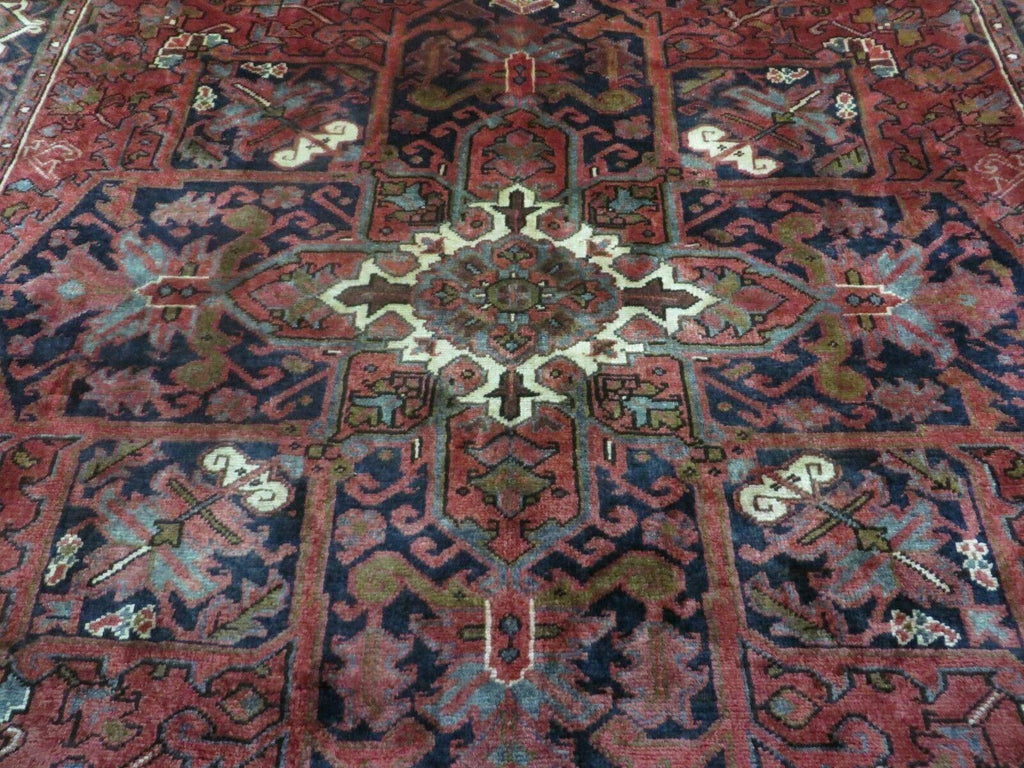 Persian Rug 8x11 Room Sized Heriz Carpet, Hand Knotted Wool Rug, Vintage Semi Antique, Geometric Medallion, Wine Red Cream Dark Blue, Wow
