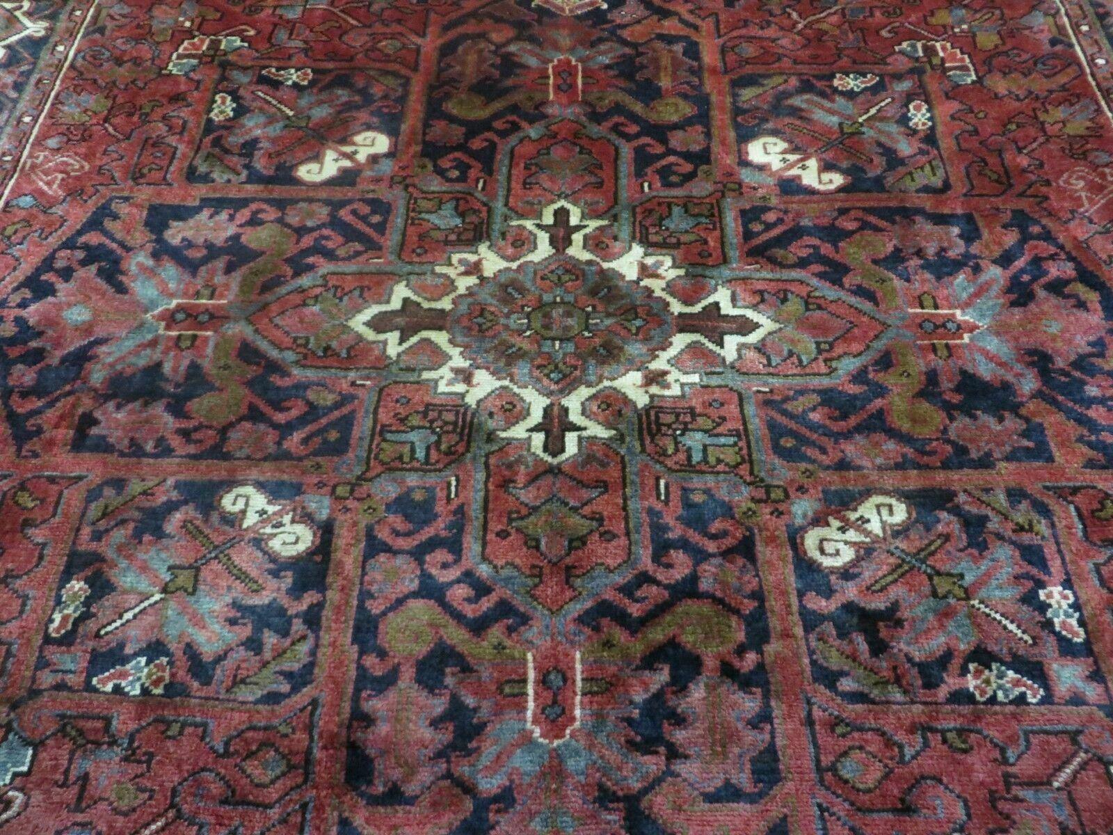 Persian Rug 8x11 Room Sized Heriz Carpet, Hand Knotted Wool Rug, Vintage Semi Antique, Geometric Medallion, Wine Red Cream Dark Blue, Wow