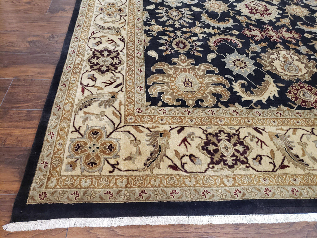 Indo Mahal Rug 8x12, Indian Sultanabad Handmade Area Rug, Vintage Hand-Knotted Wool Black Floral Traditional Oriental Dinning Room Rug