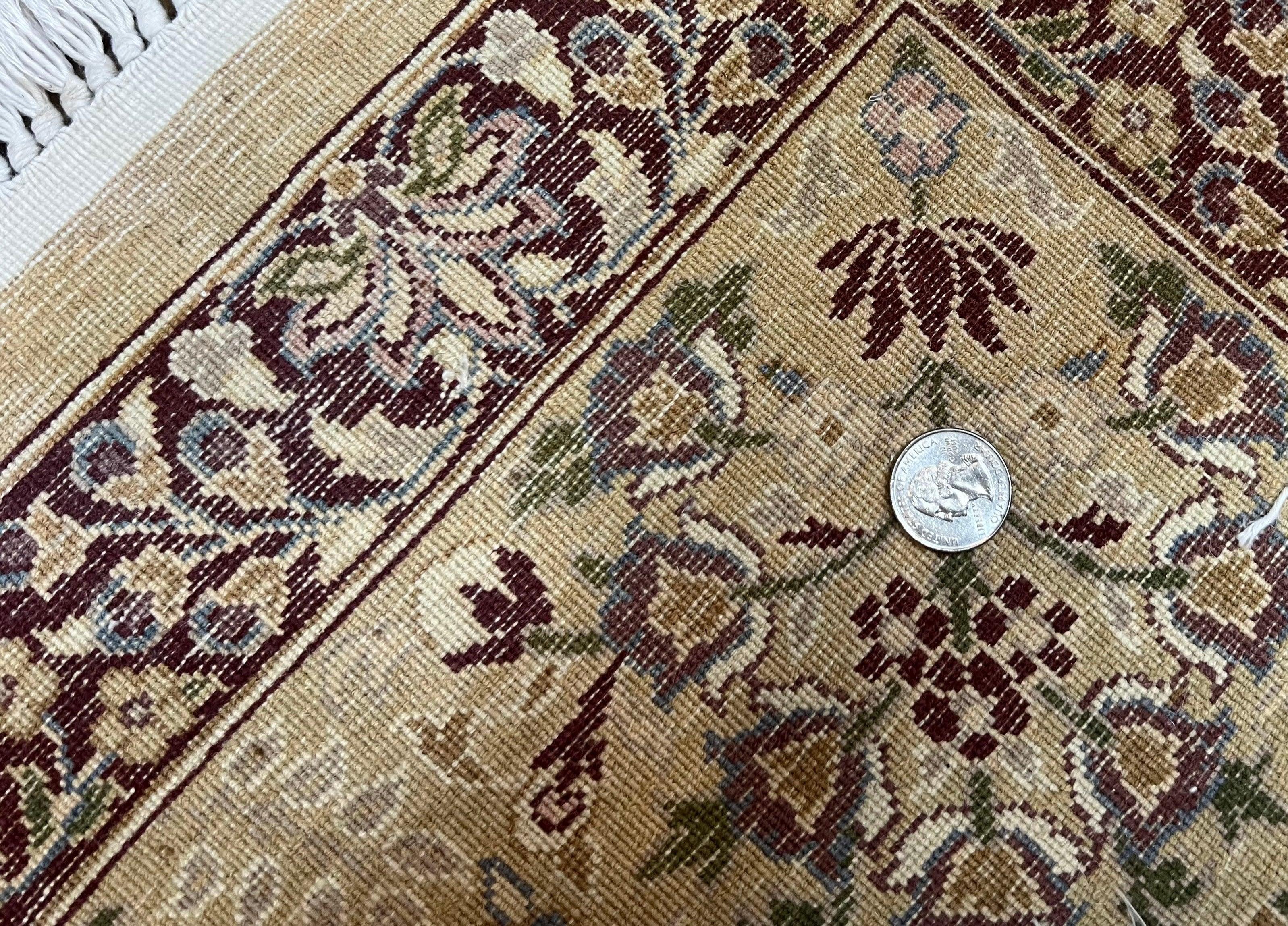Pretty Indo Persian Rug 6x9, Allover Floral Motif with Birds, Tan/Cream, Very Fine Oriental Carpet, Hand Knotted Vintage Indian Wool Rug