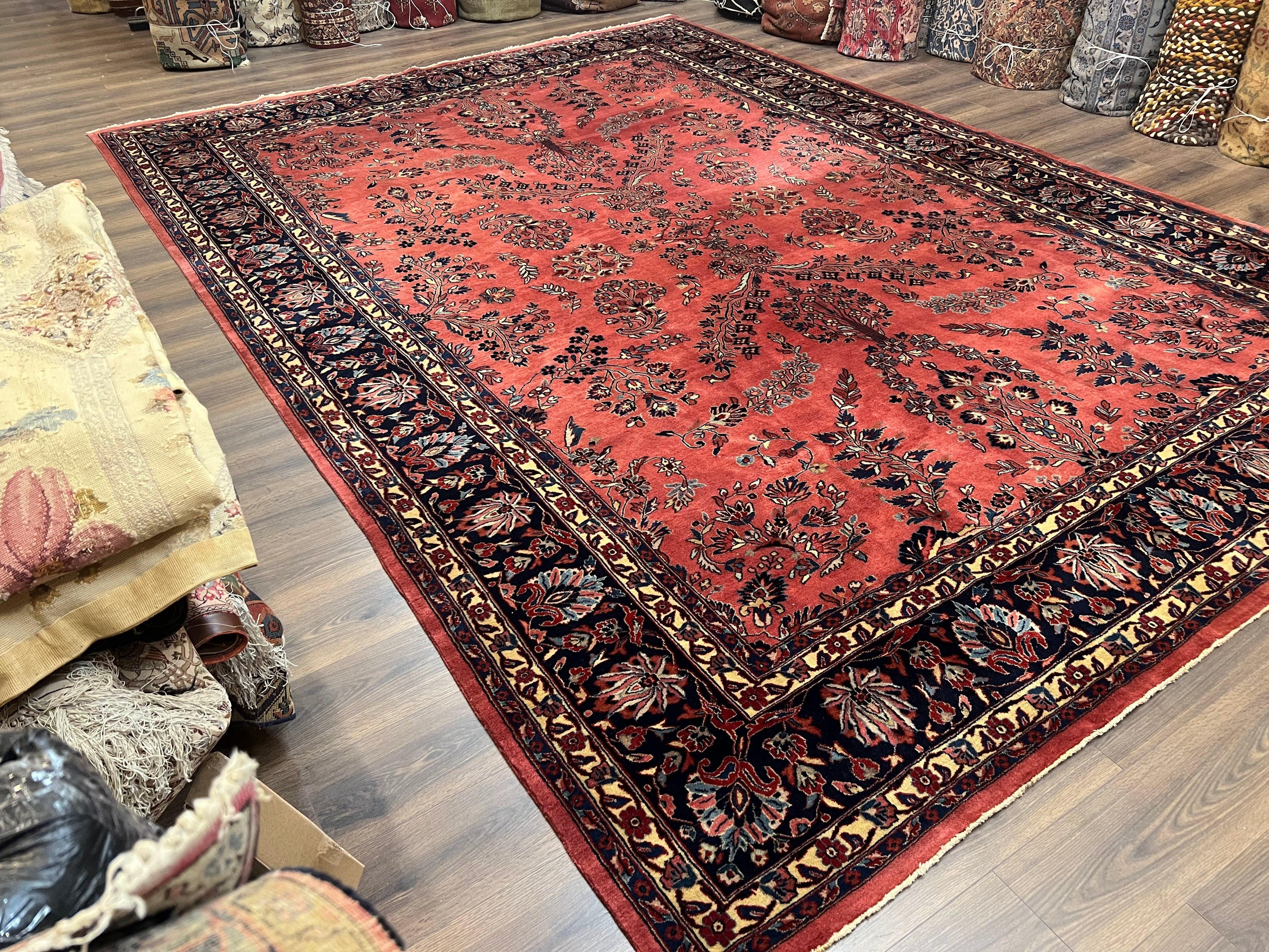 Indo Sarouk Rug 10x14, Vintage Indian Persian Area Rug 10 x 14, Wool Hand-Knotted Oriental Carpet, Red Floral Allover Large Rug, Beautiful