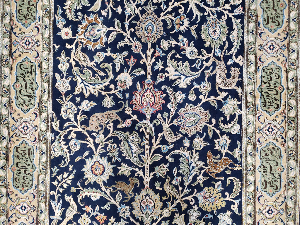 Semi Antique Persian Qum Tree of Life Rug, Hand-Knotted, Wool, Midnight Blue and Tan, Animal Pictorials, Written Poem in Borders, 4' 8" x 7' 8"