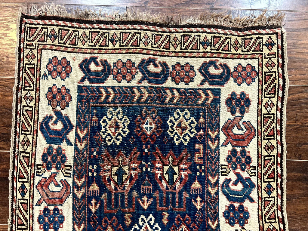 Antique Caucasian Kazak Rug 2.5 x 4, Navy Blue and Ivory, Hand Knotted Handmade Wool Rug