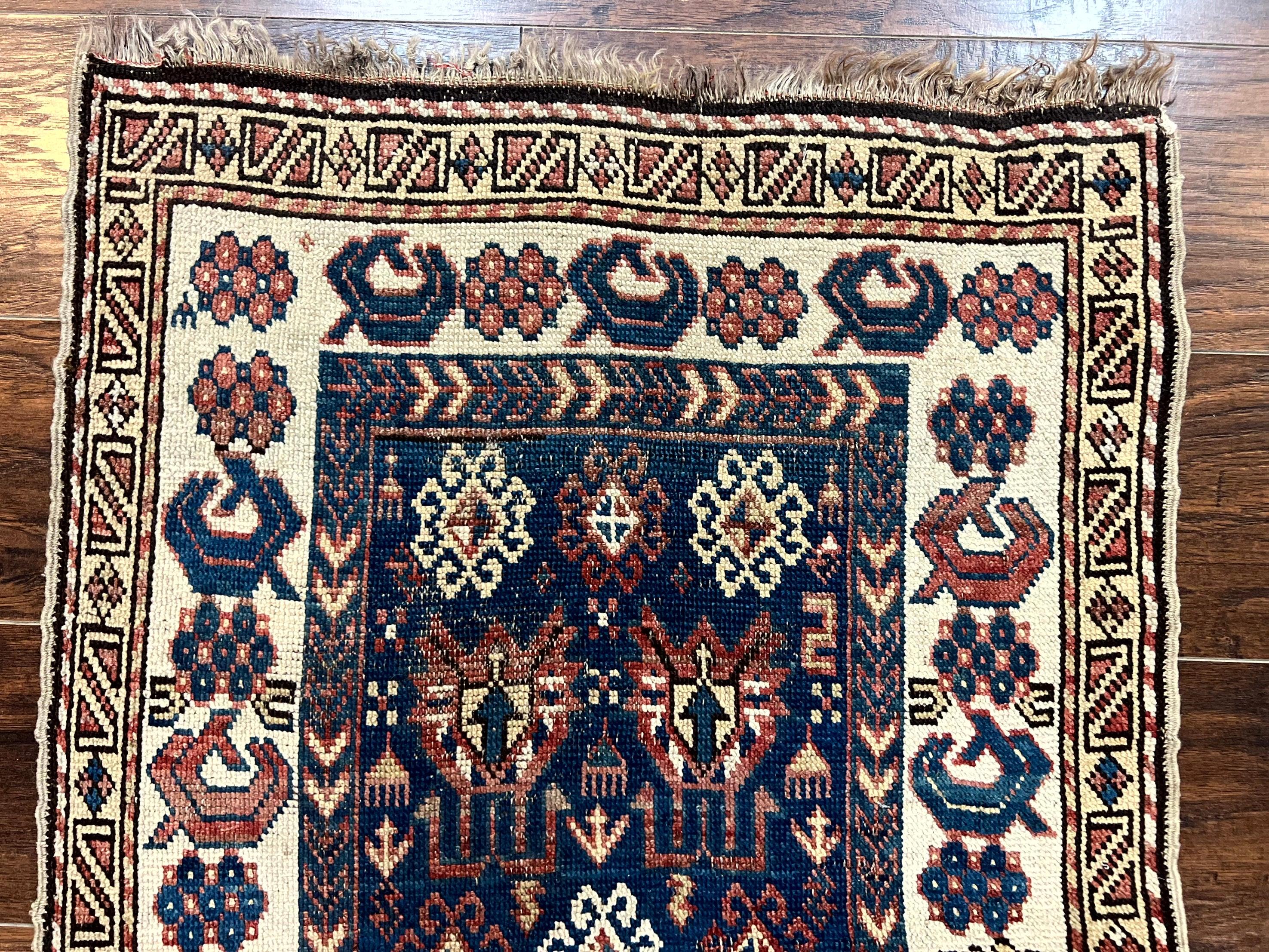 Antique Caucasian Kazak Rug 2.5 x 4, Navy Blue and Ivory, Hand Knotted Handmade Wool Rug