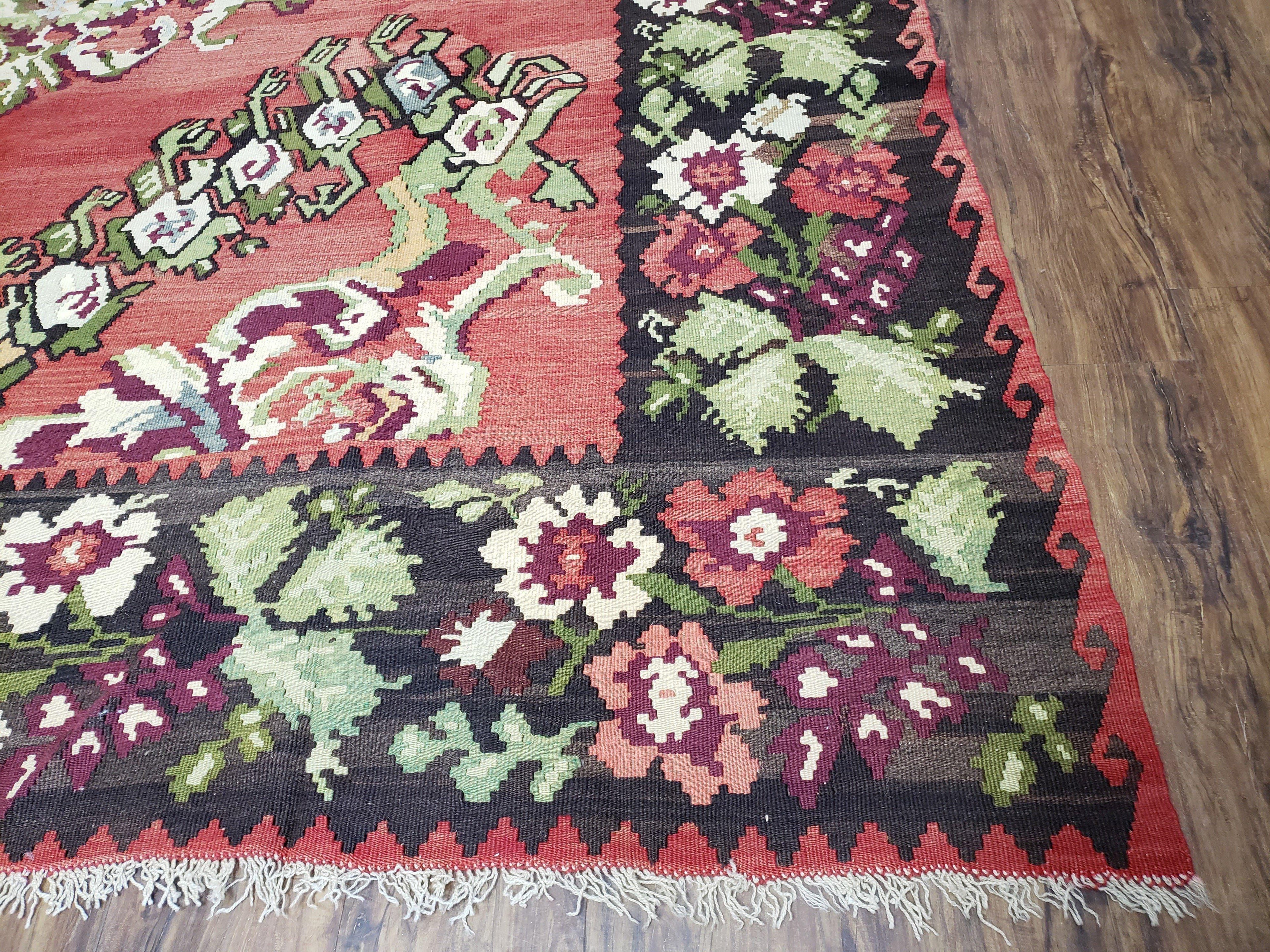 Karabakh Rug 8x11, Caucasian Kilim Rug, Vintage Antique Turkish Anatolian Azerbaijani Carpet, Wool Red & Black Hand-Woven 8 x 11 Living Room