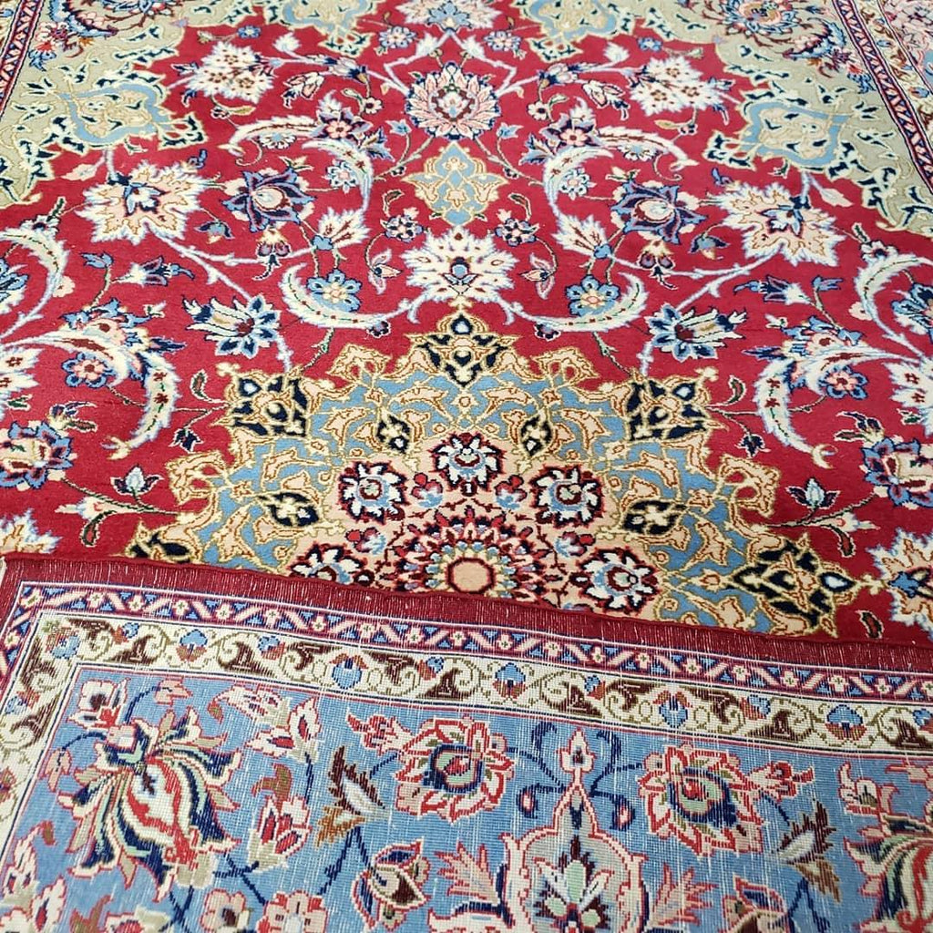 Semi Antique Persian Isfahan Rug, Kork Wool on Silk Foundation, Red & Blue, Top Quality, 3'6" x 5' 6"