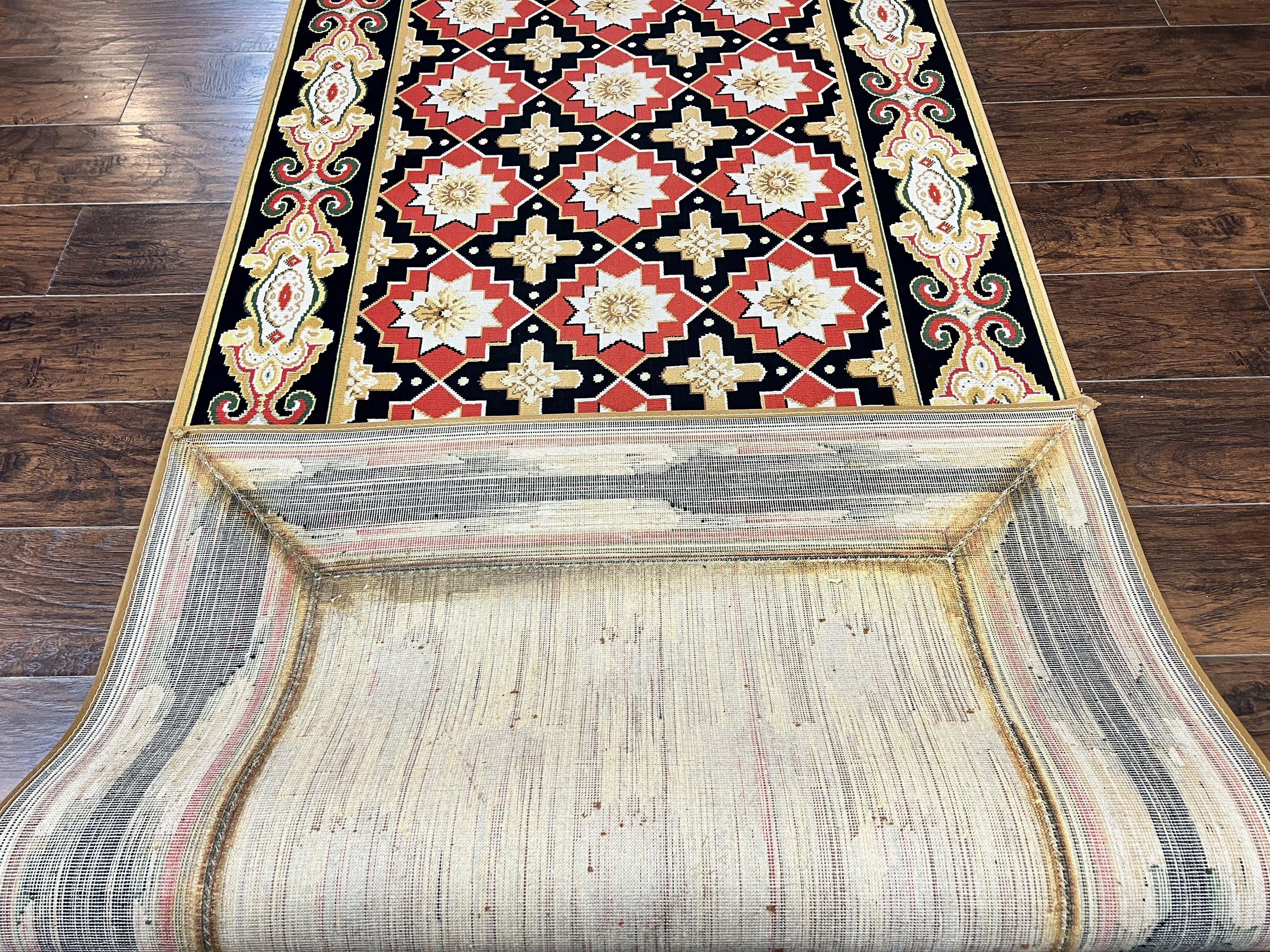 Runner Rug 4x19, Panel Design Rug, Custom Made Stark Runner Carpet, Wool, Vintage 4 x 19 Hallway Rug, European Design, Red Black Ivory Tan