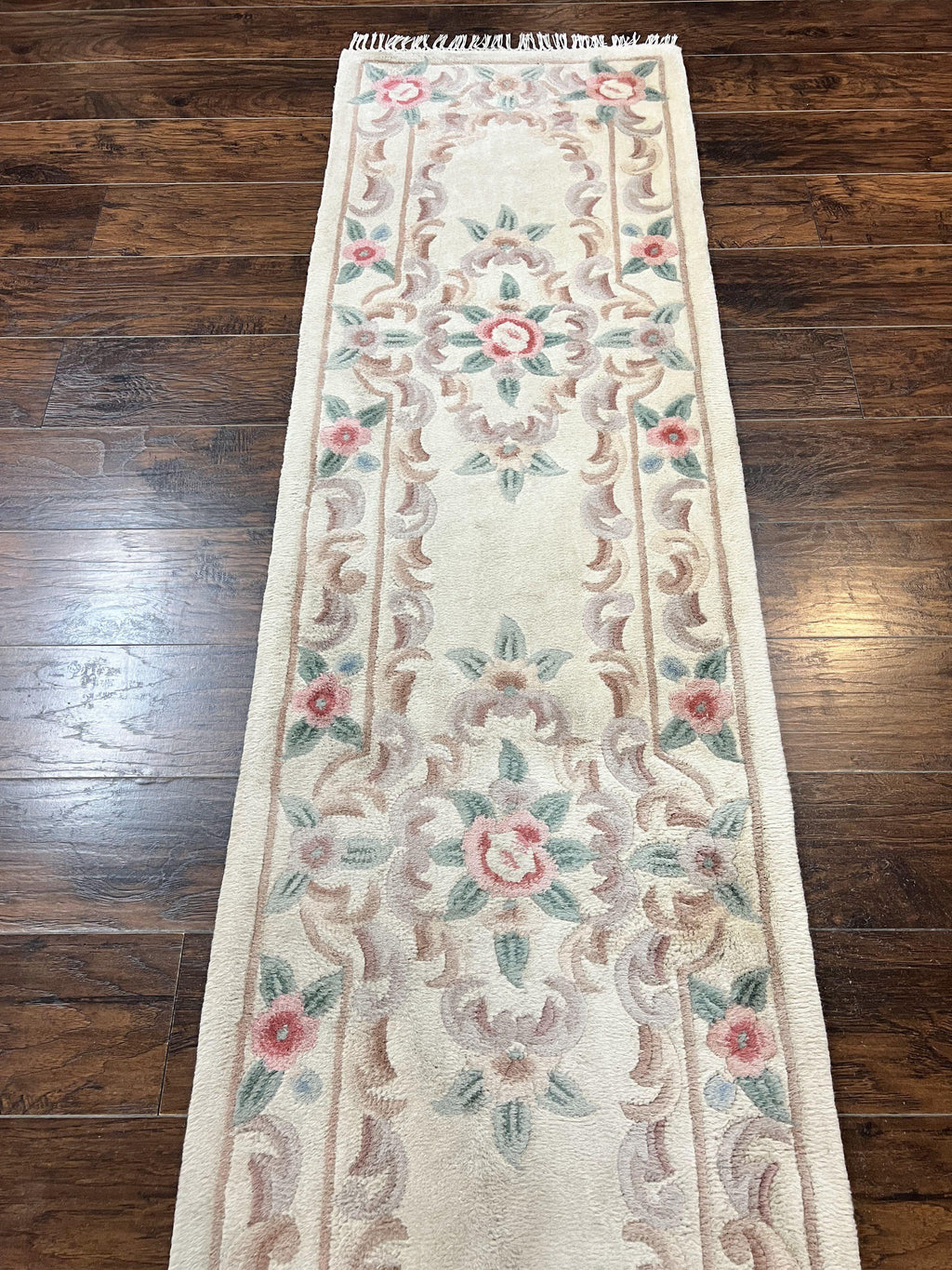 Chinese Aubusson Runner Rug 2.4 x 11, Hand Tufted Beige Floral European Design Hallway Rug, Elegant Rug, Vintage Wool Rug 11ft Long