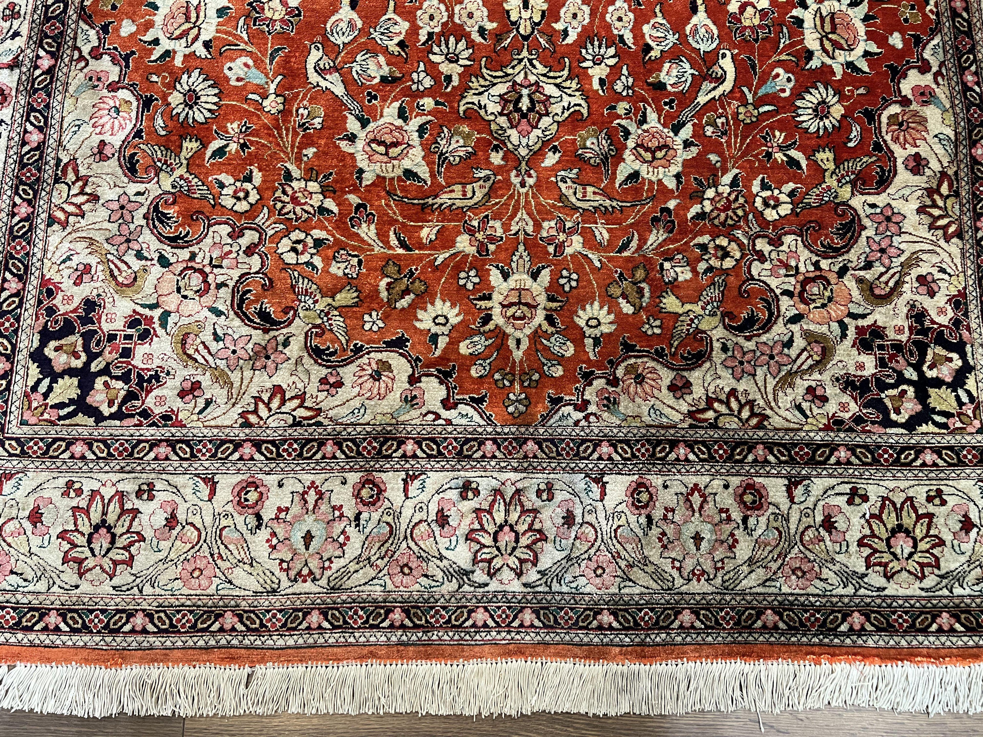 Persian Qum Silk Rug 5x7 - Floral Medallion, Birds, Orange-Red